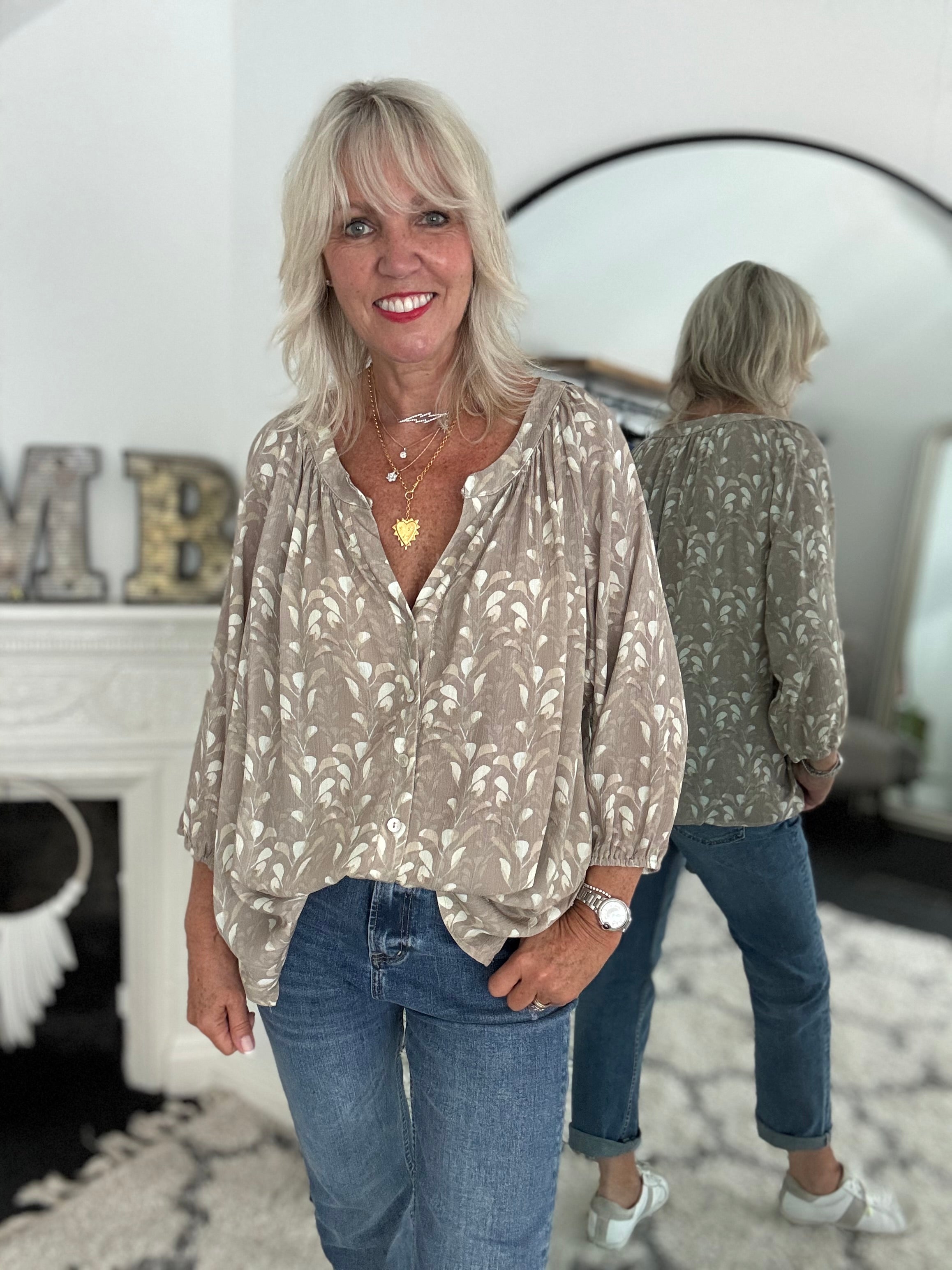 Leaf Print Blouse in Mocha
