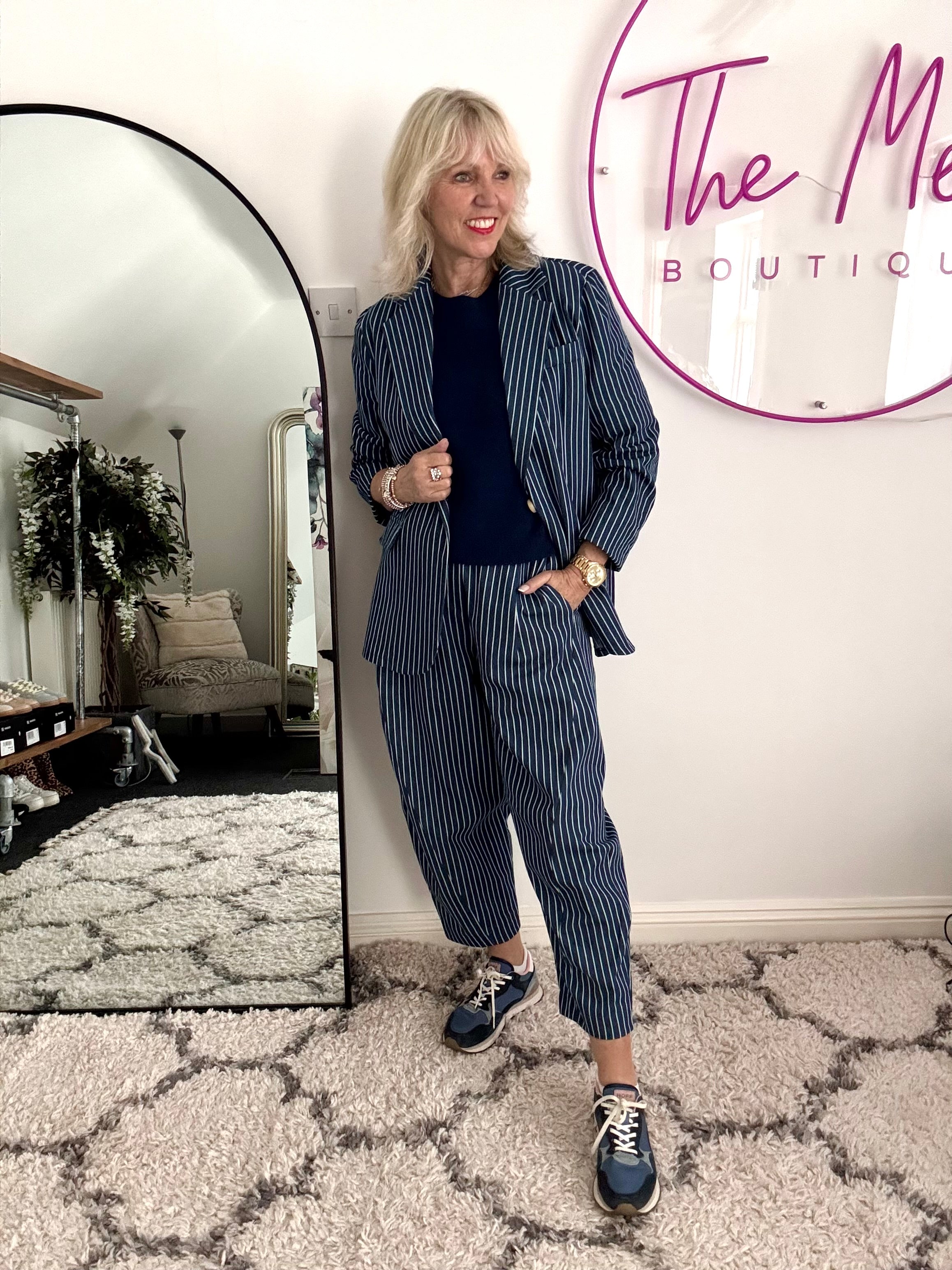 Stripe Barrel Leg Trousers in Denim Blue