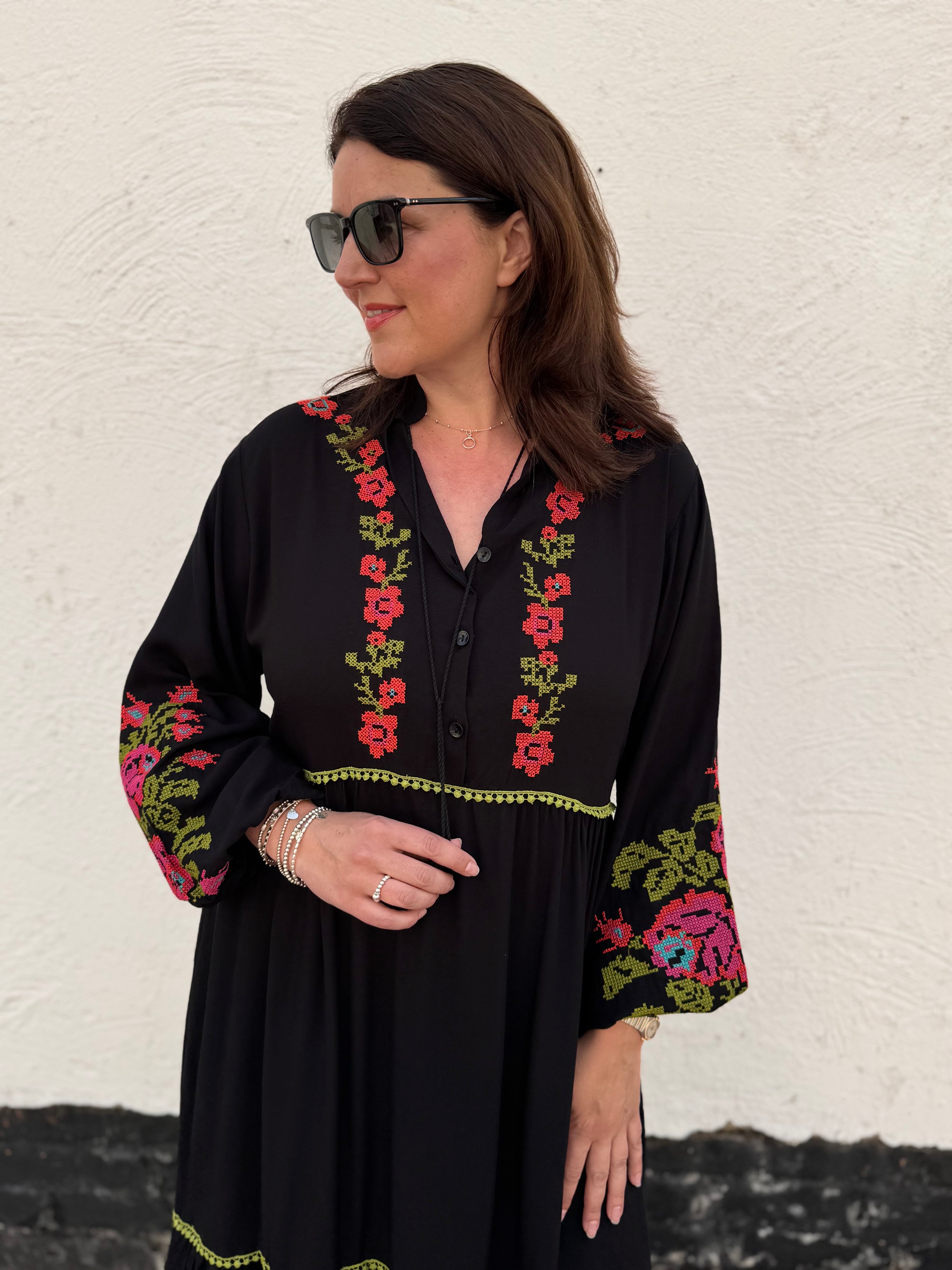 Embroidered Buttoned Midi Dress in Black