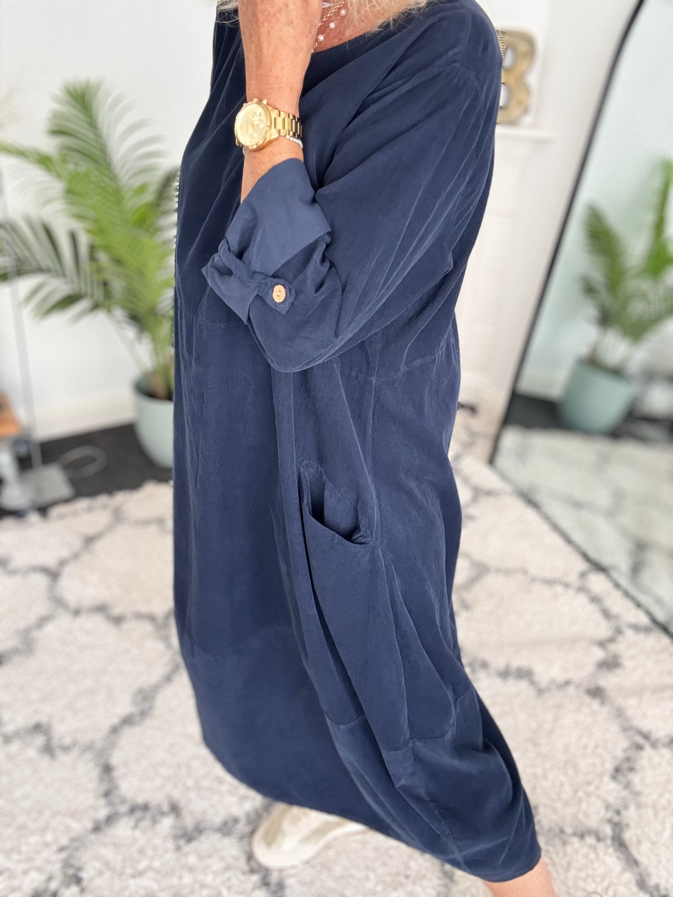 Fine Cord Cocoon Dress in Navy
