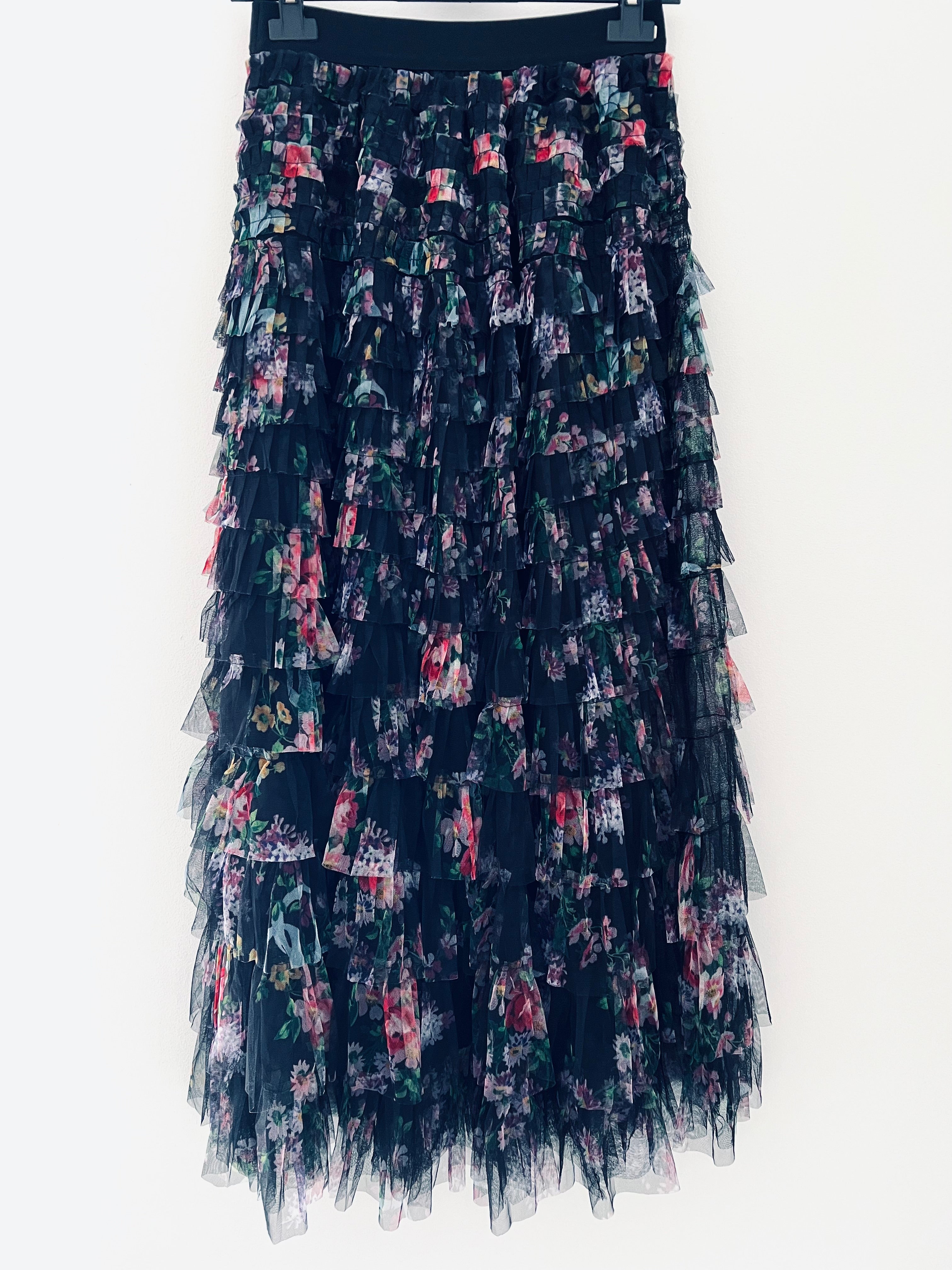 Tulle Midi Skirt in Black Floral