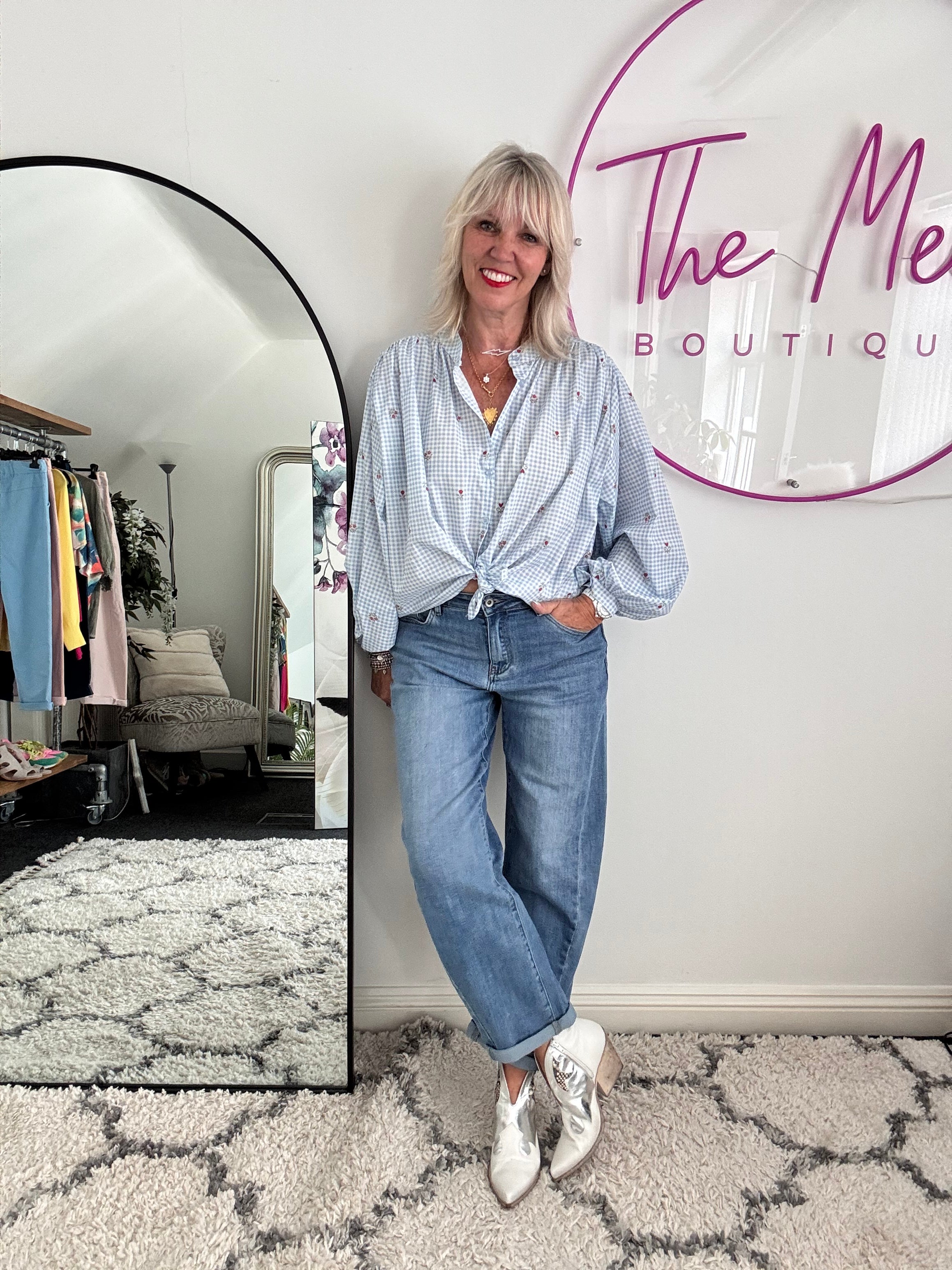 Gingham & Sprig Shirt in Blue & White