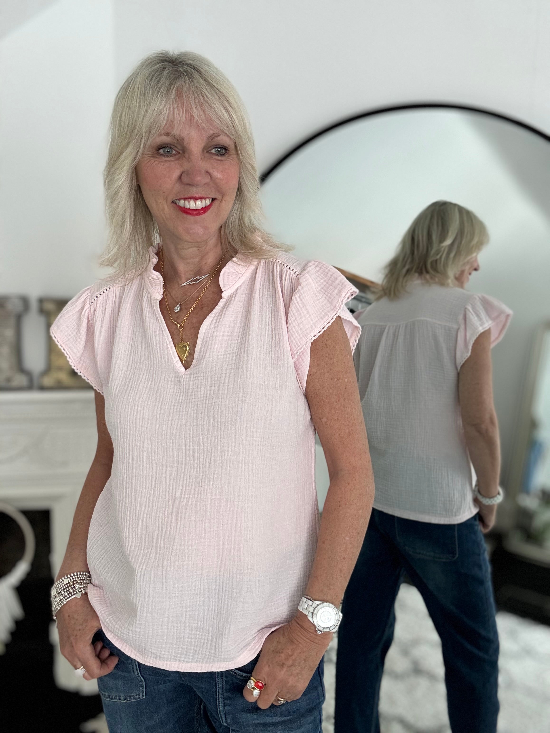 Cheesecloth Top with Ruffle Sleeves in Pink