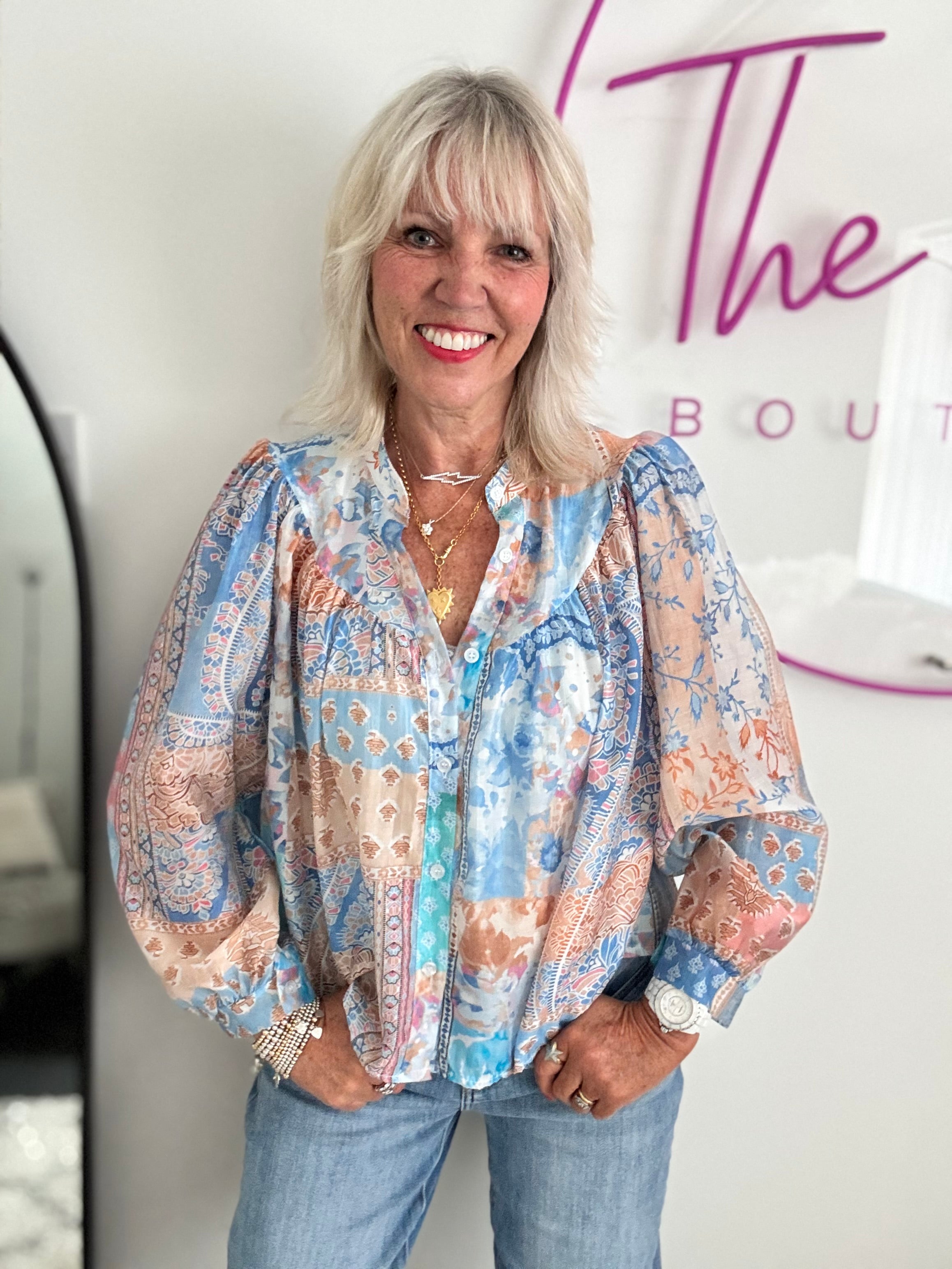 Patchwork Shirt in Blue & Pink
