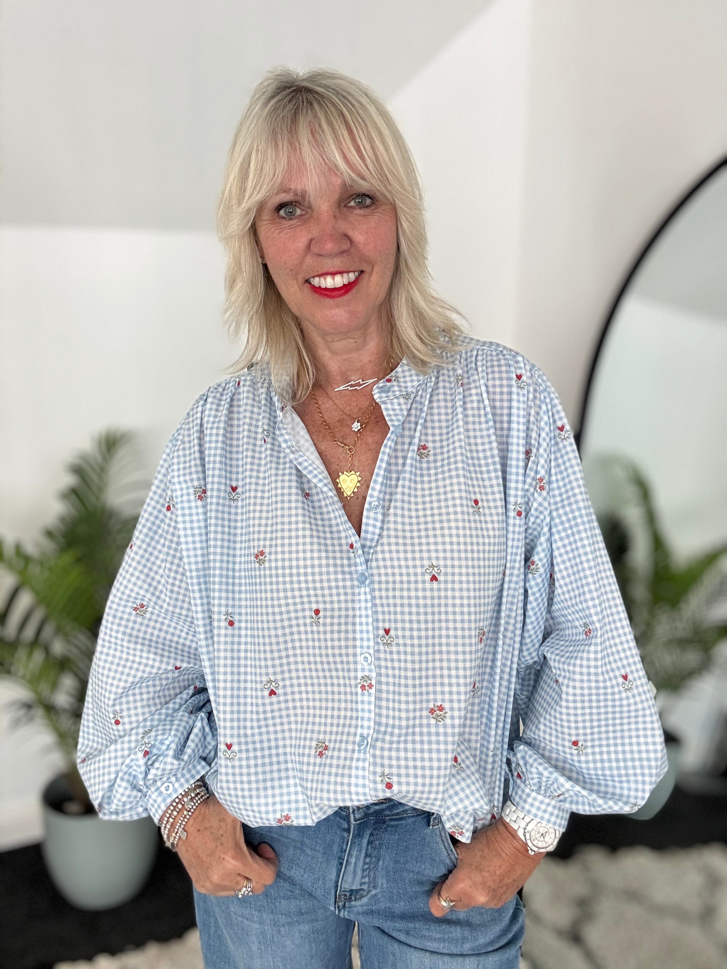 Gingham & Sprig Shirt in Blue & White