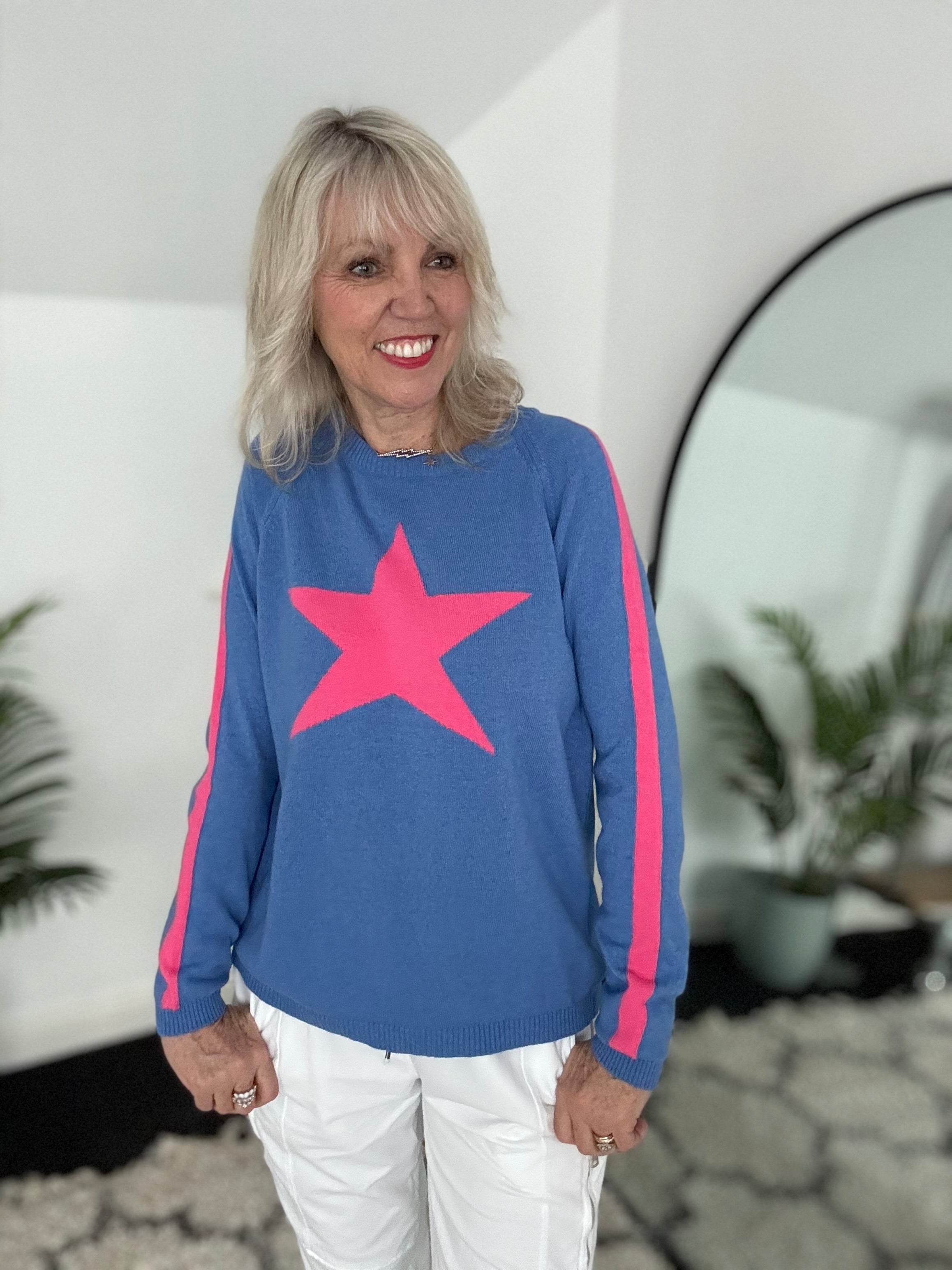 Star Cashmere Jumper in Blue & Pink