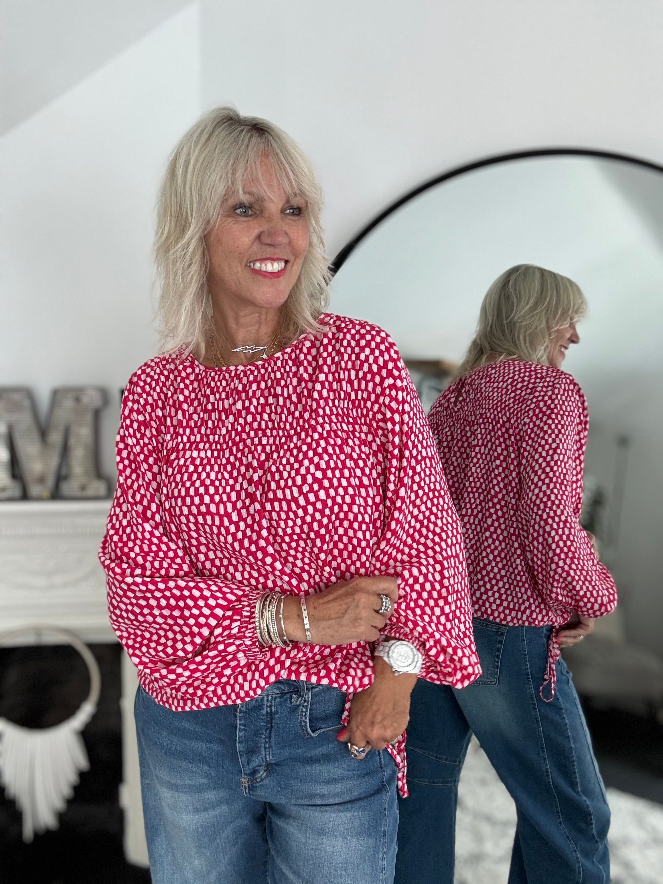 Checker Blouse in Raspberry & White