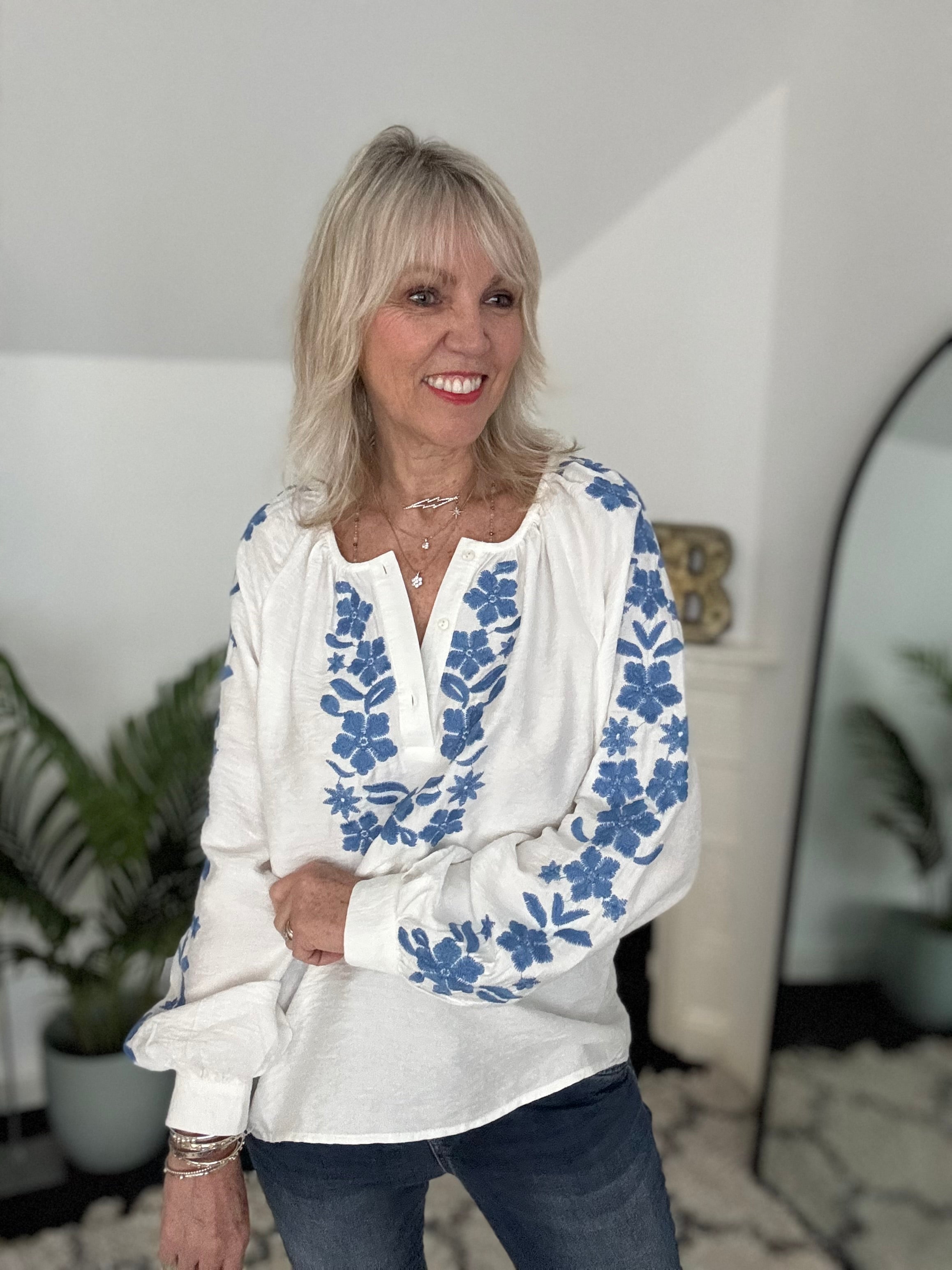 Embroidered Blouse in White & Blue