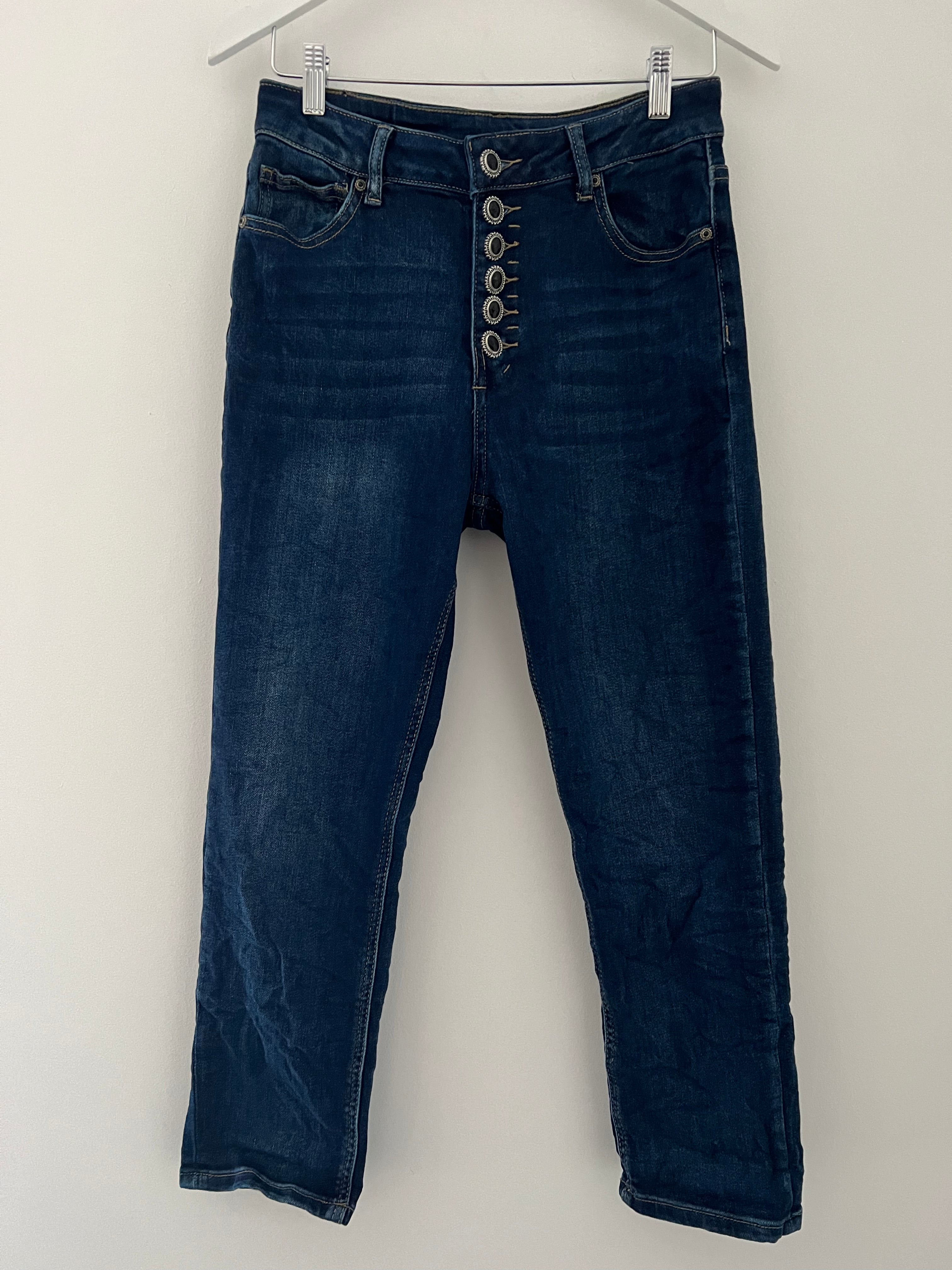 Decorative Button Fly Stretch Jeans in Denim