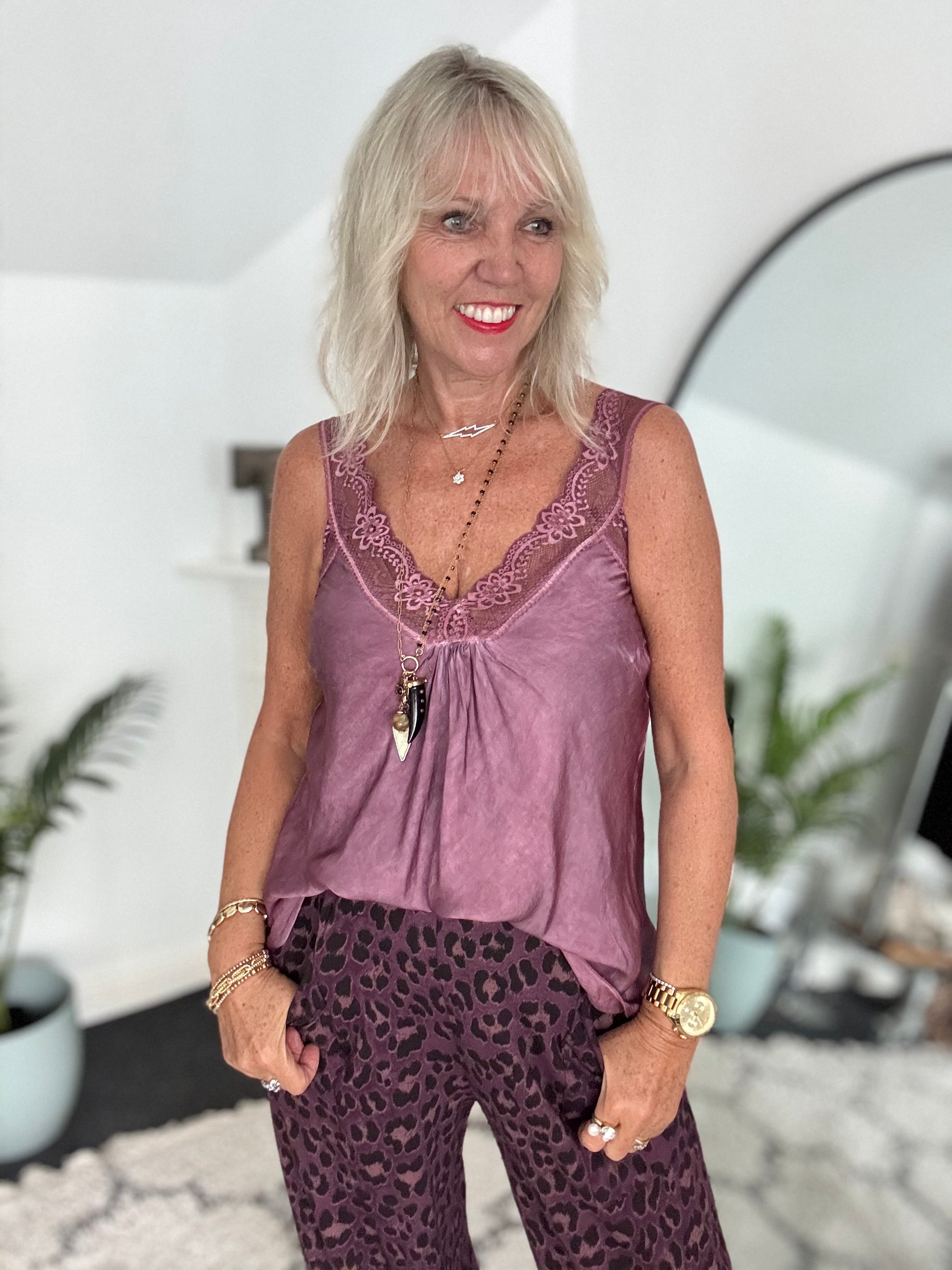 Lace Trim Silk Cami in Plum