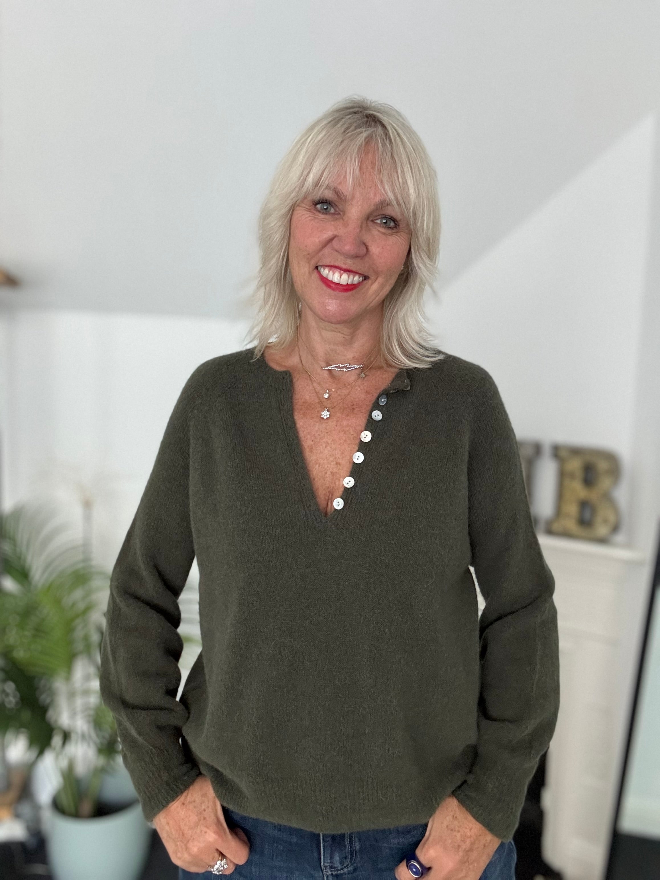 Softie Jumper with Button Neck in Deep Khaki