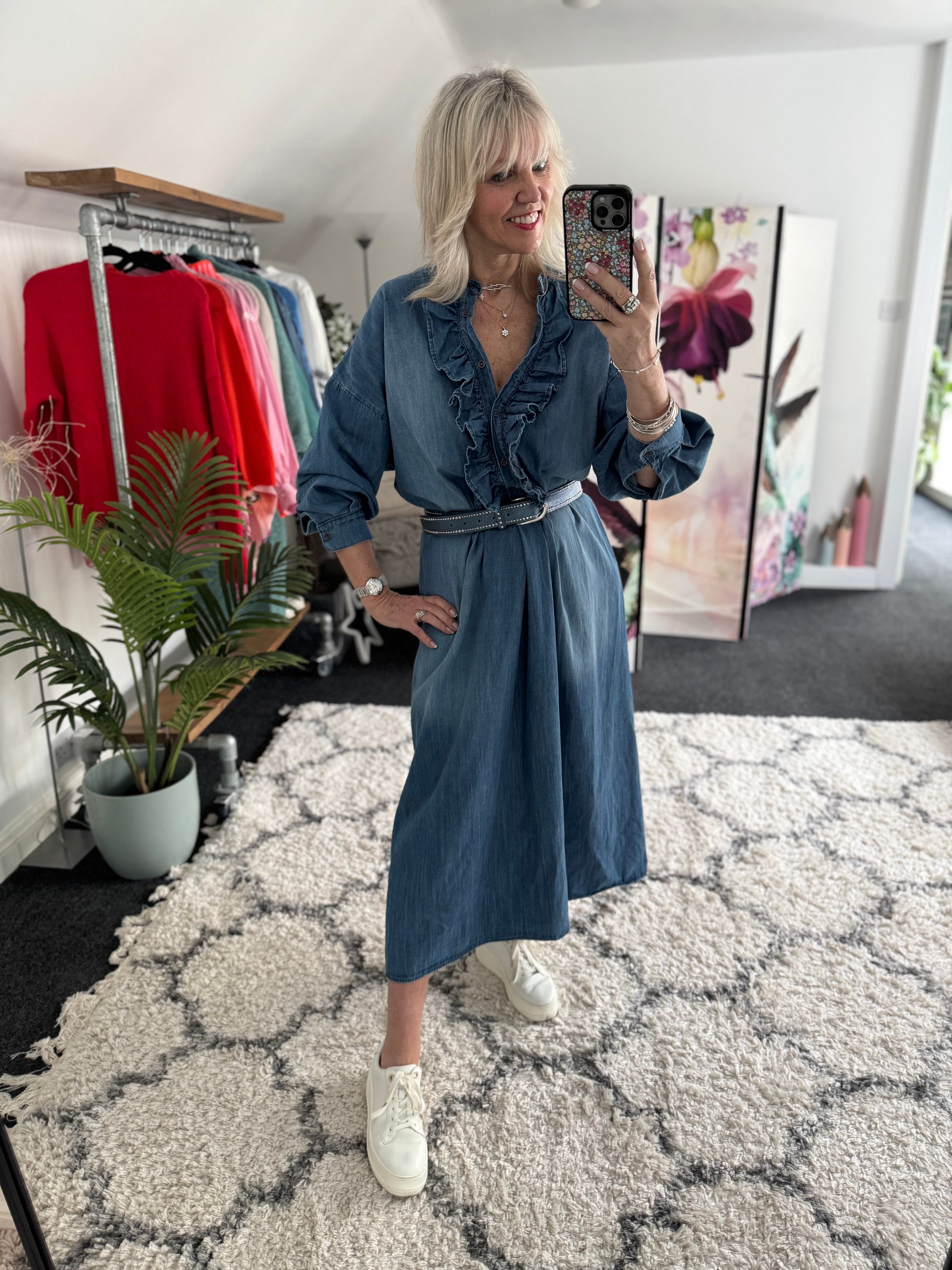 Designer Denim Dress with Ruffles