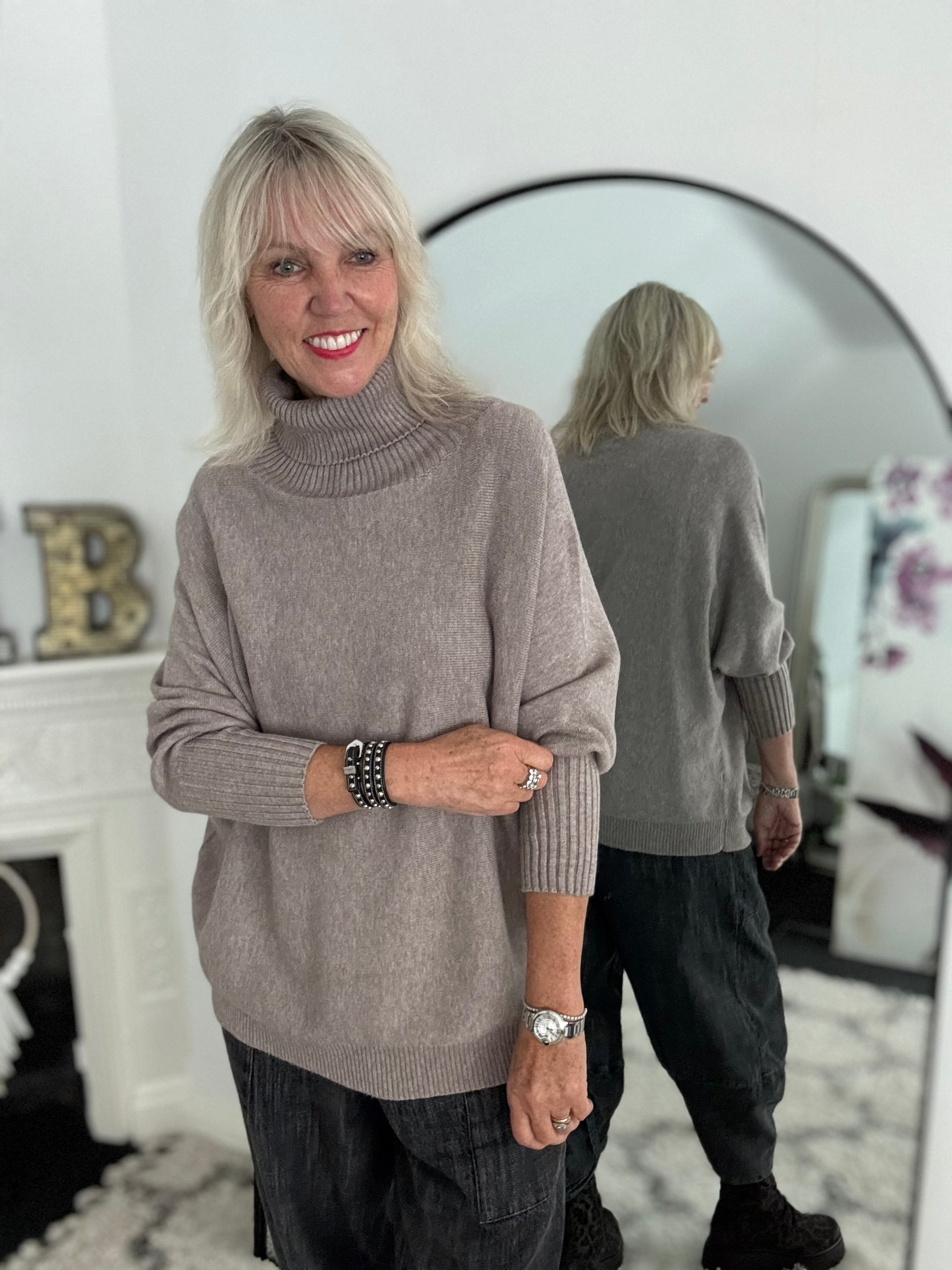 Oversized Roll Neck Poncho Jumper in Mocha