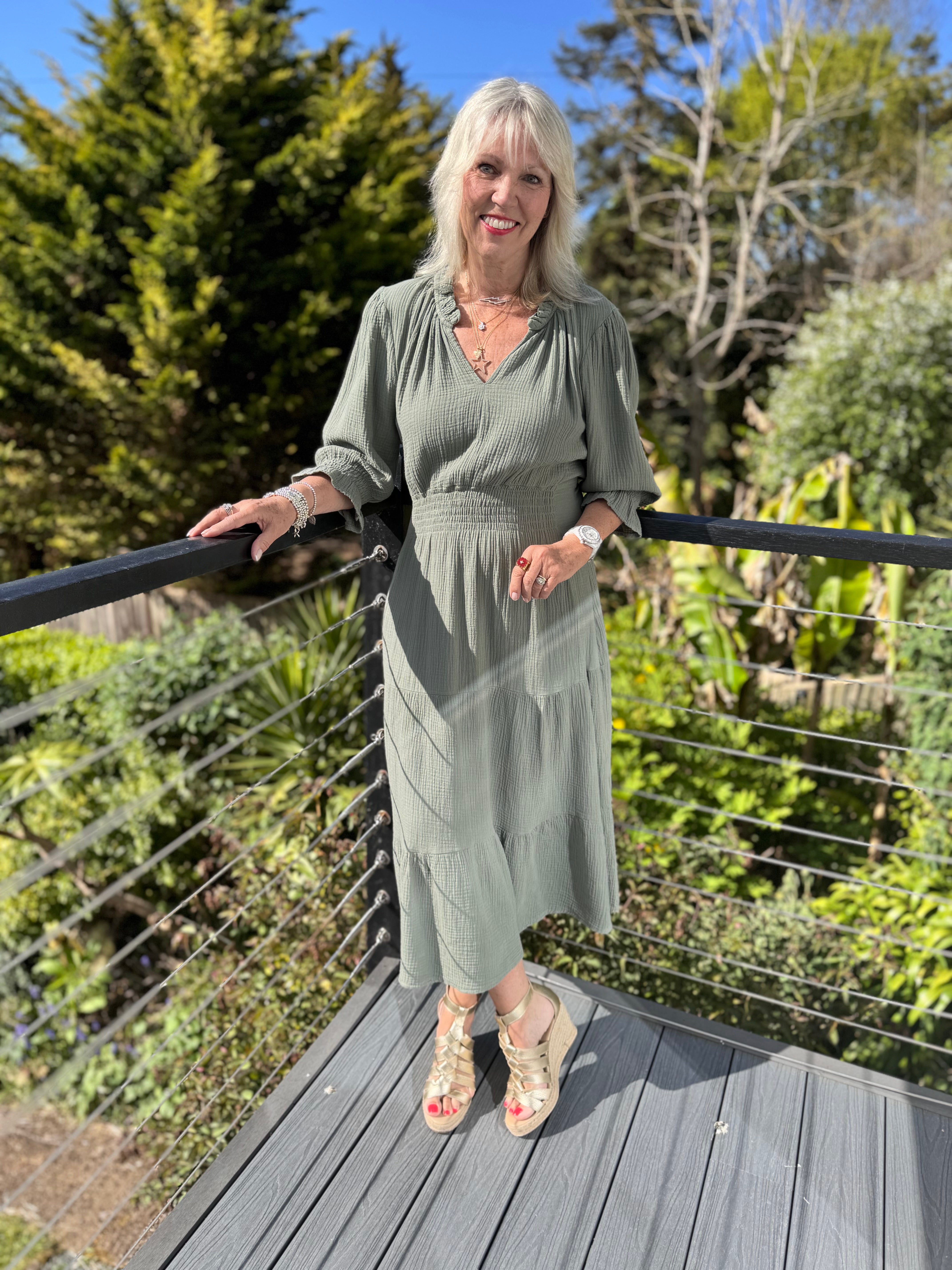 Cheesecloth Midi Dress in Khaki
