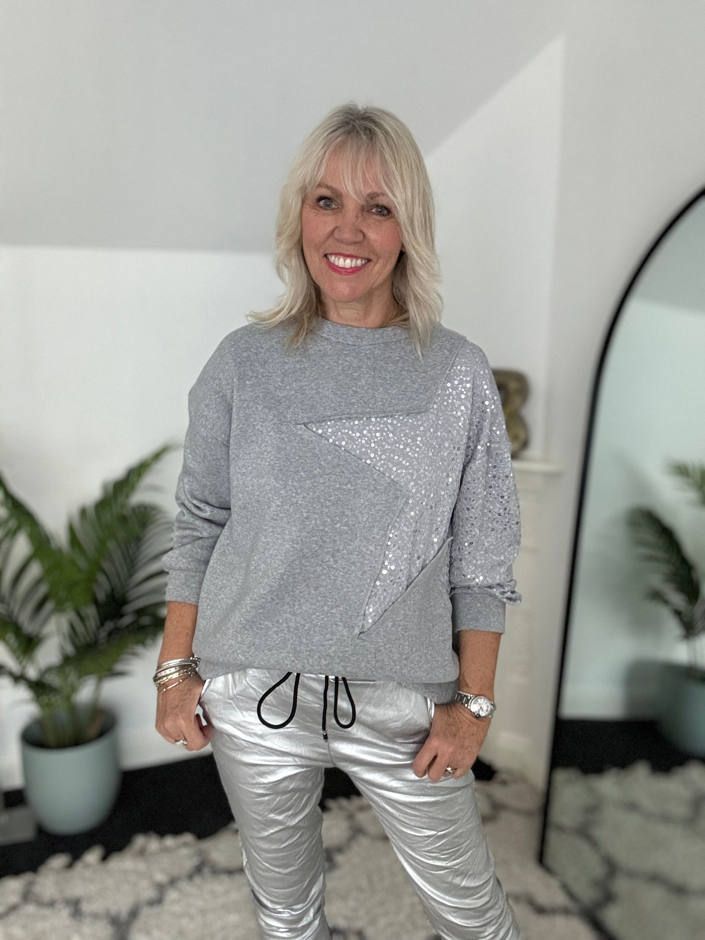 Sequin Star Sweatshirt in Grey & Silver