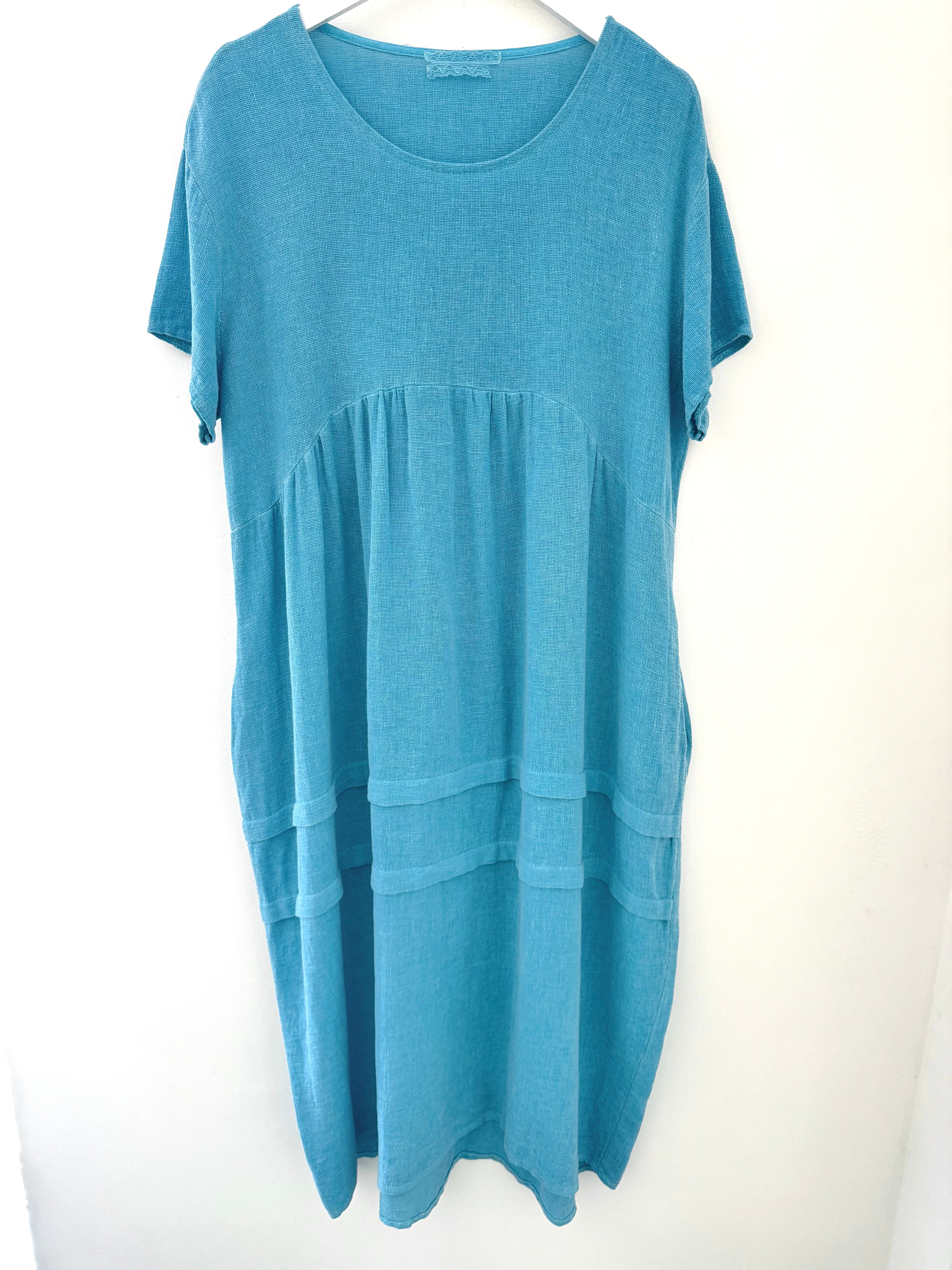 Cotton & Linen Cocoon Dress in Teal Blue