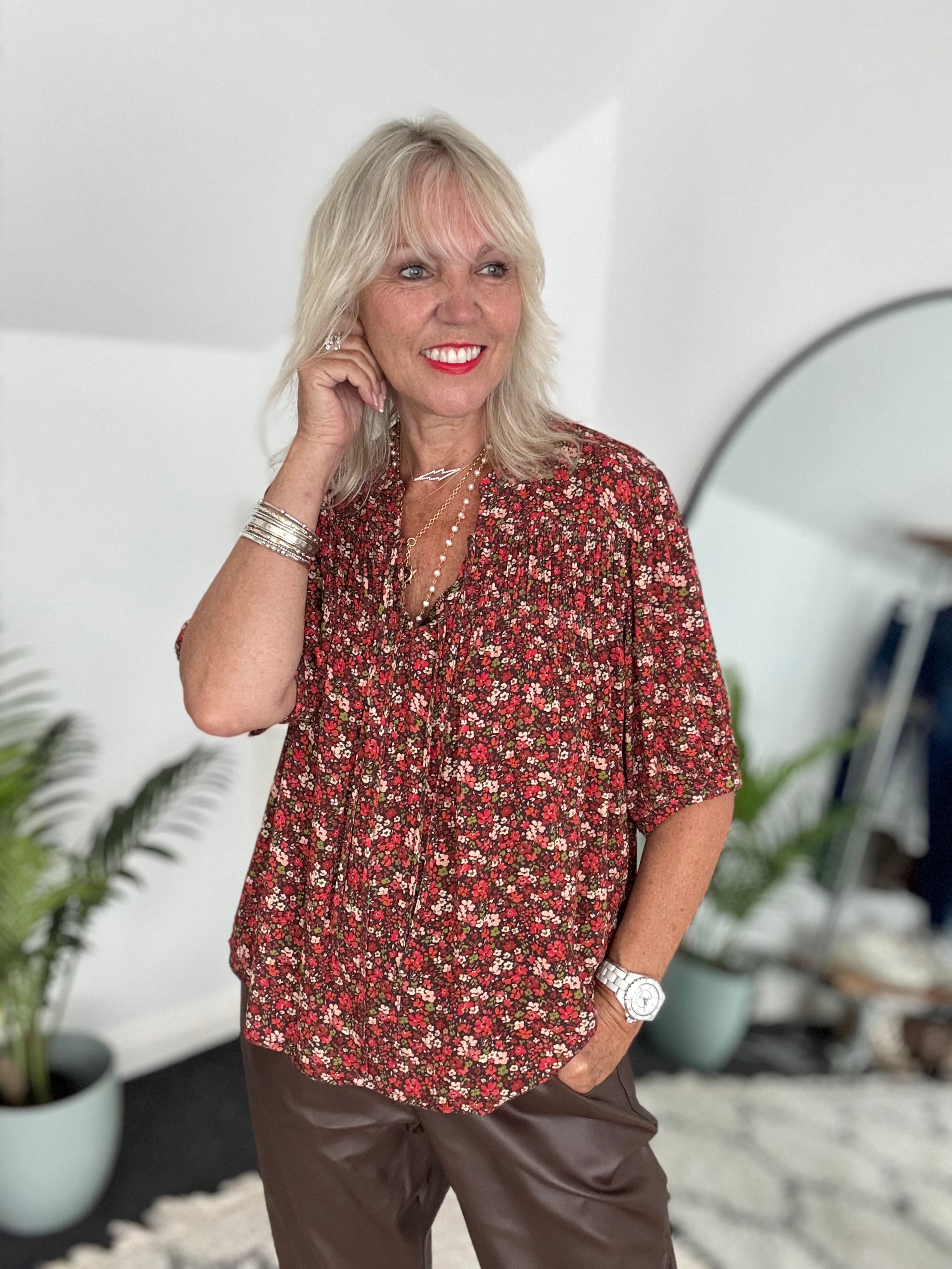 Ditsy Blouse in Red & Chocolate