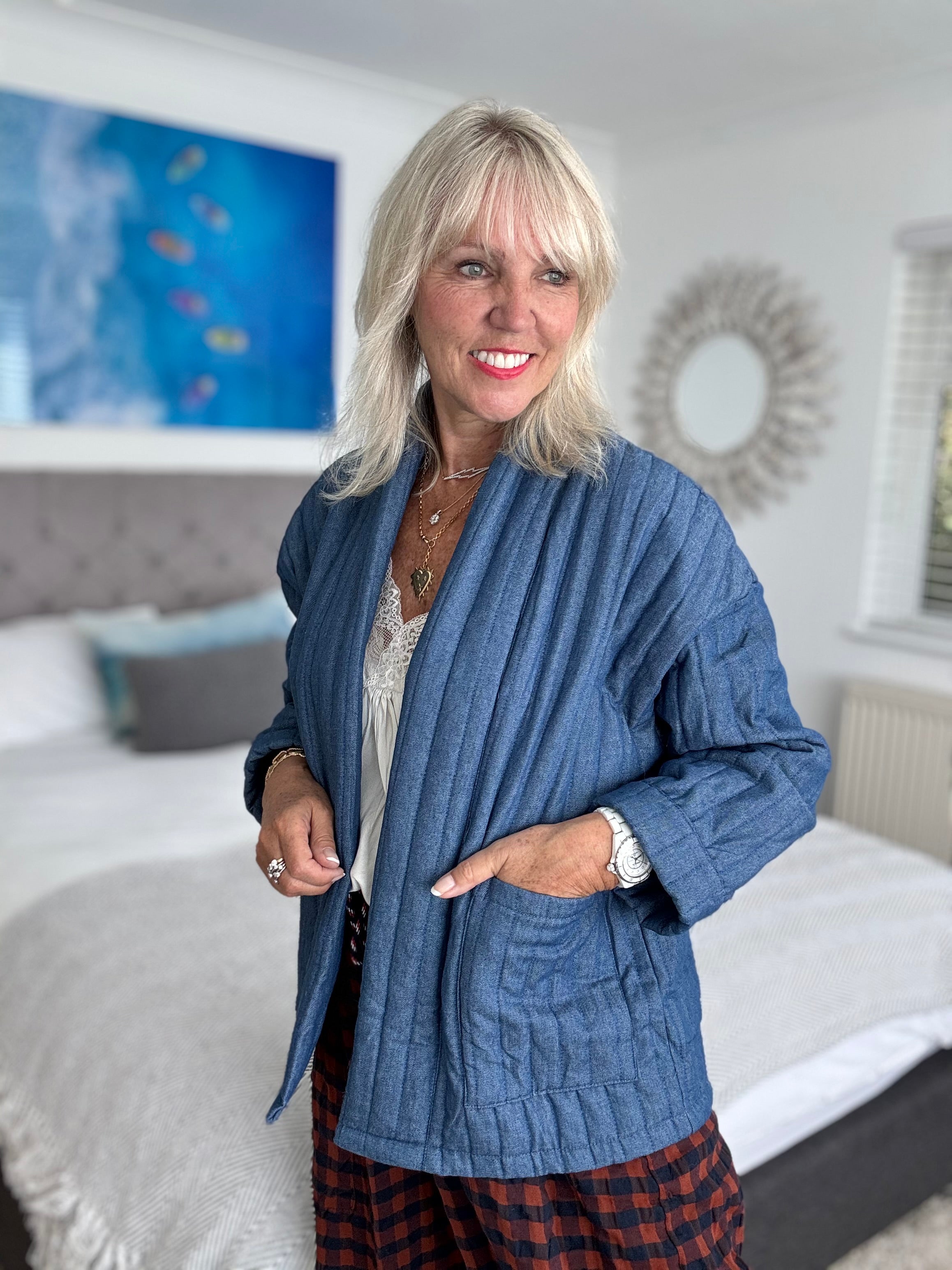 Quilted Kimono Jacket in Chambray