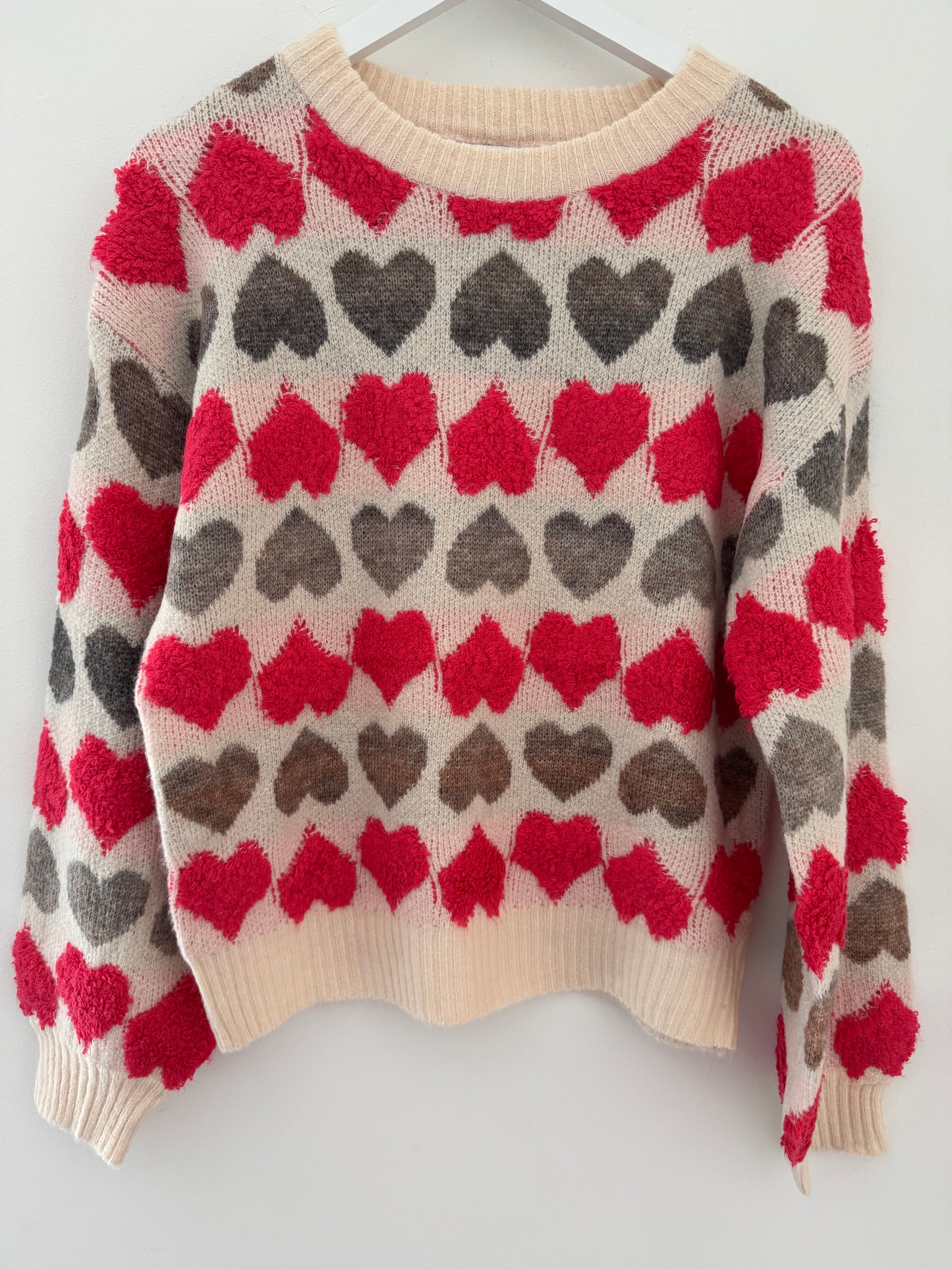 Hearts Sweater in Coral Red & Mocha