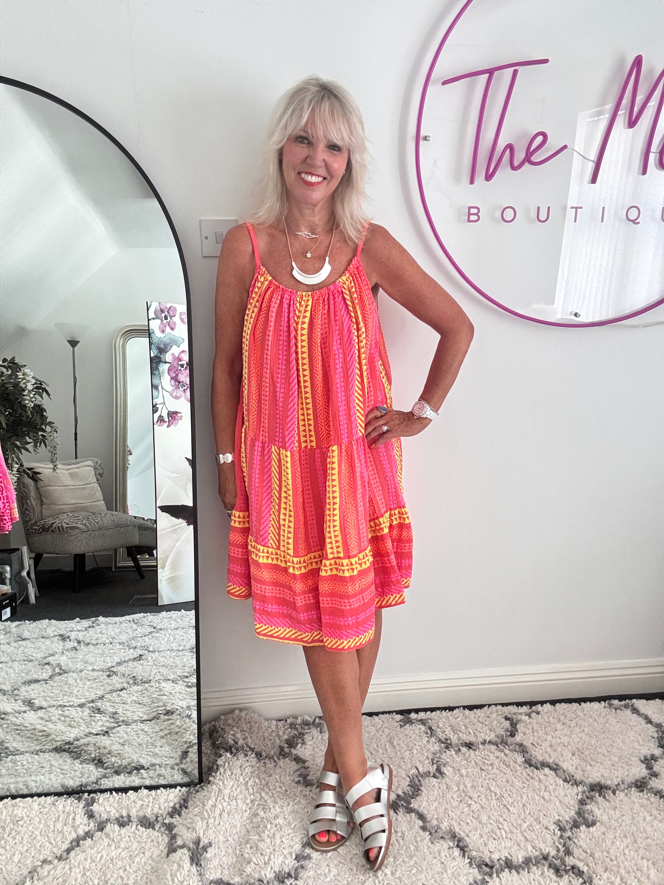 Aztec Cheesecloth Dress in Coral Red