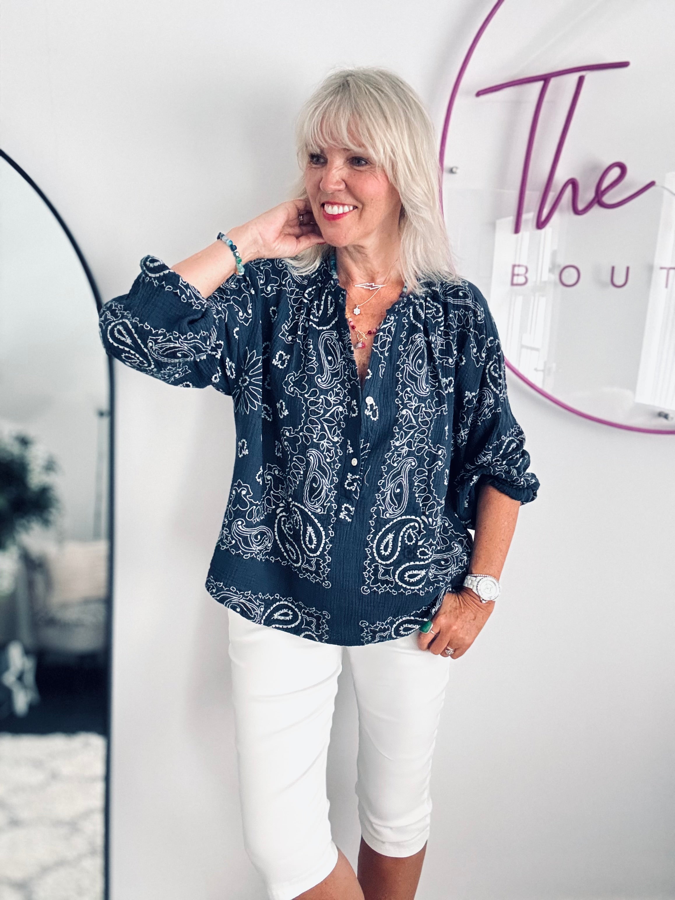 Oversized Paisley Cheesecloth Shirt in Navy