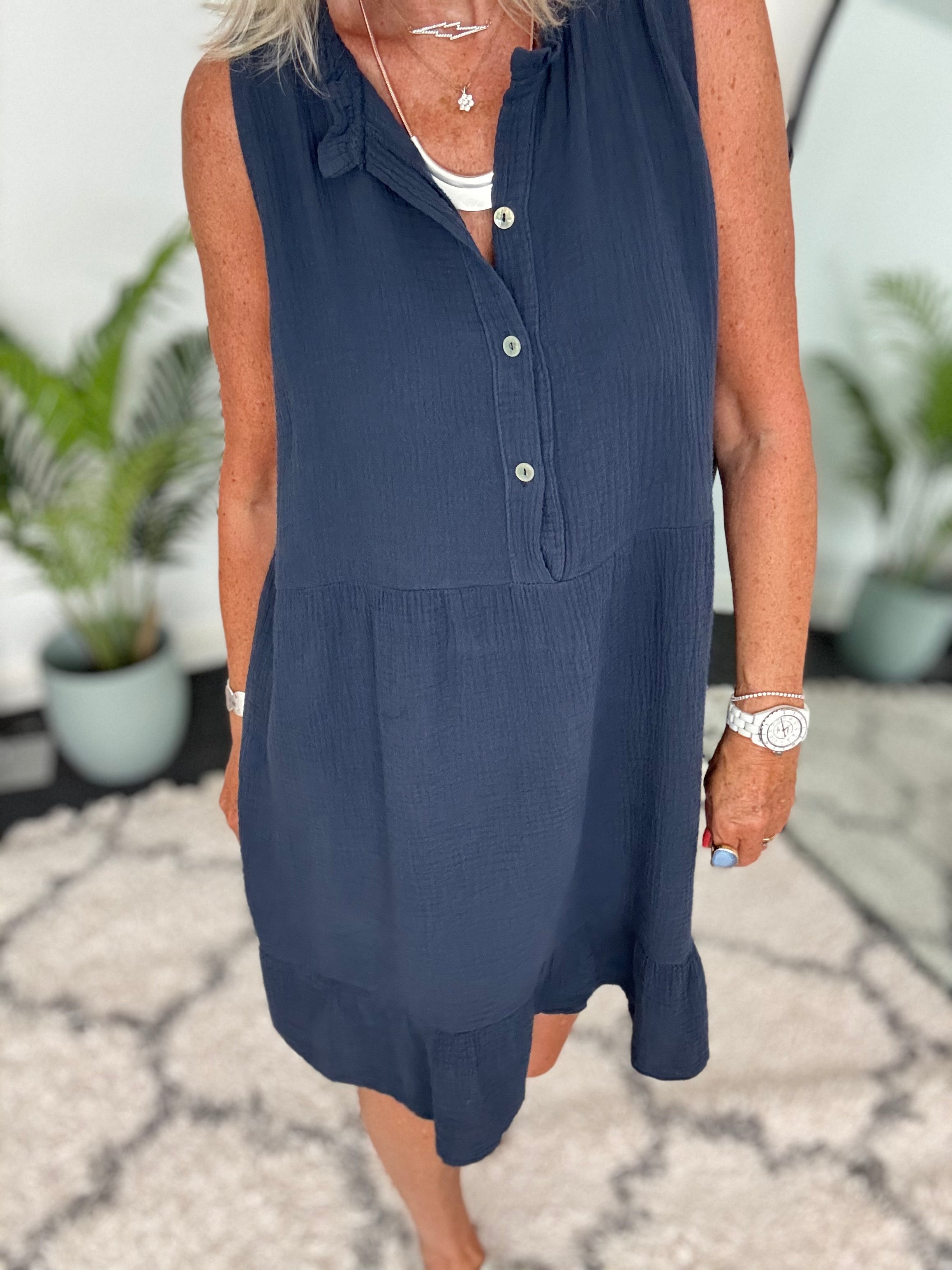 Cheesecloth Dress with Button Front in Navy