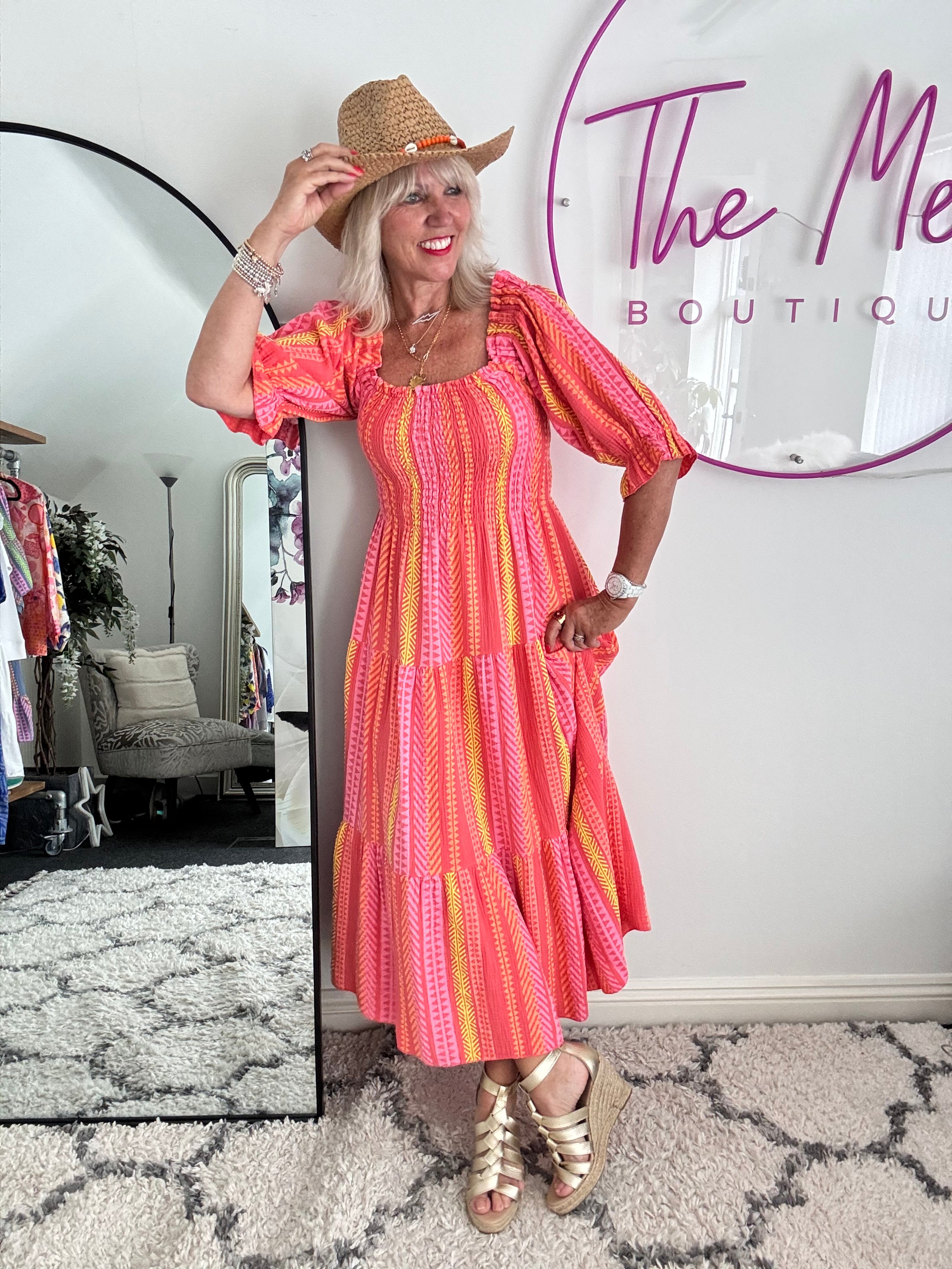 Aztec Shirred Midi Dress in Coral & Citrus