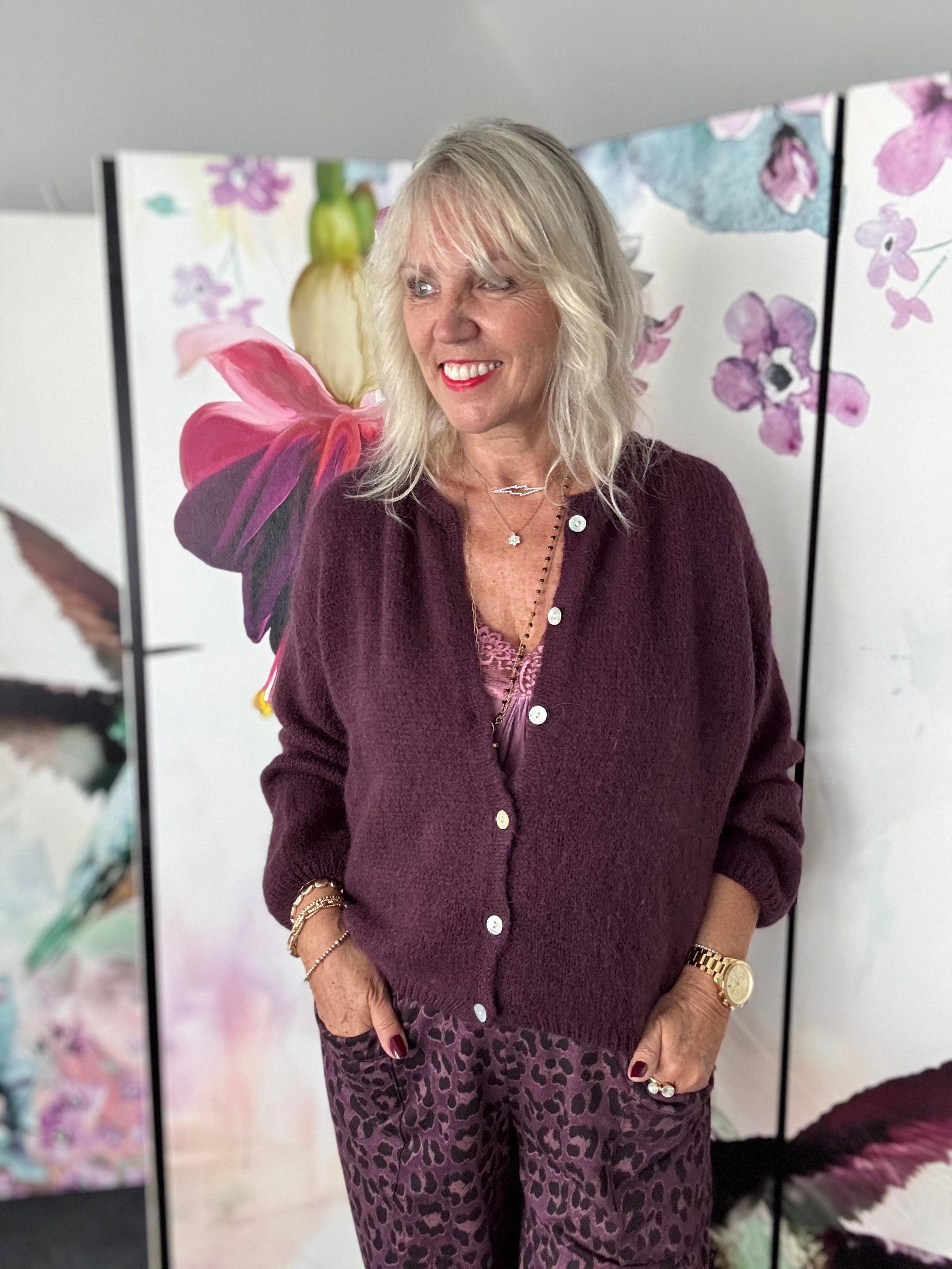 Mohair Buttoned Cardi in Plum