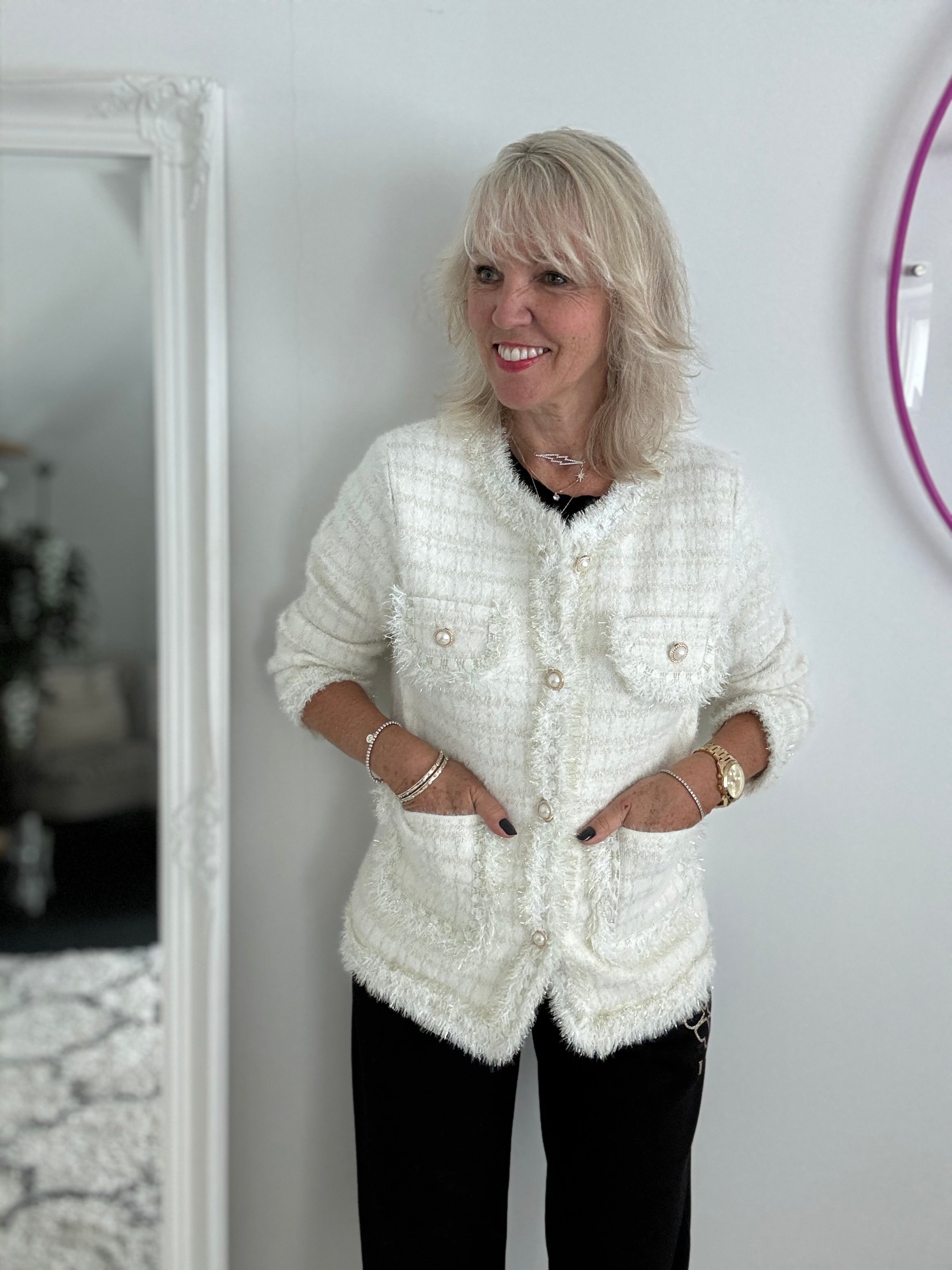 Pearl Button & Tweed Cardi Jacket in Ivory