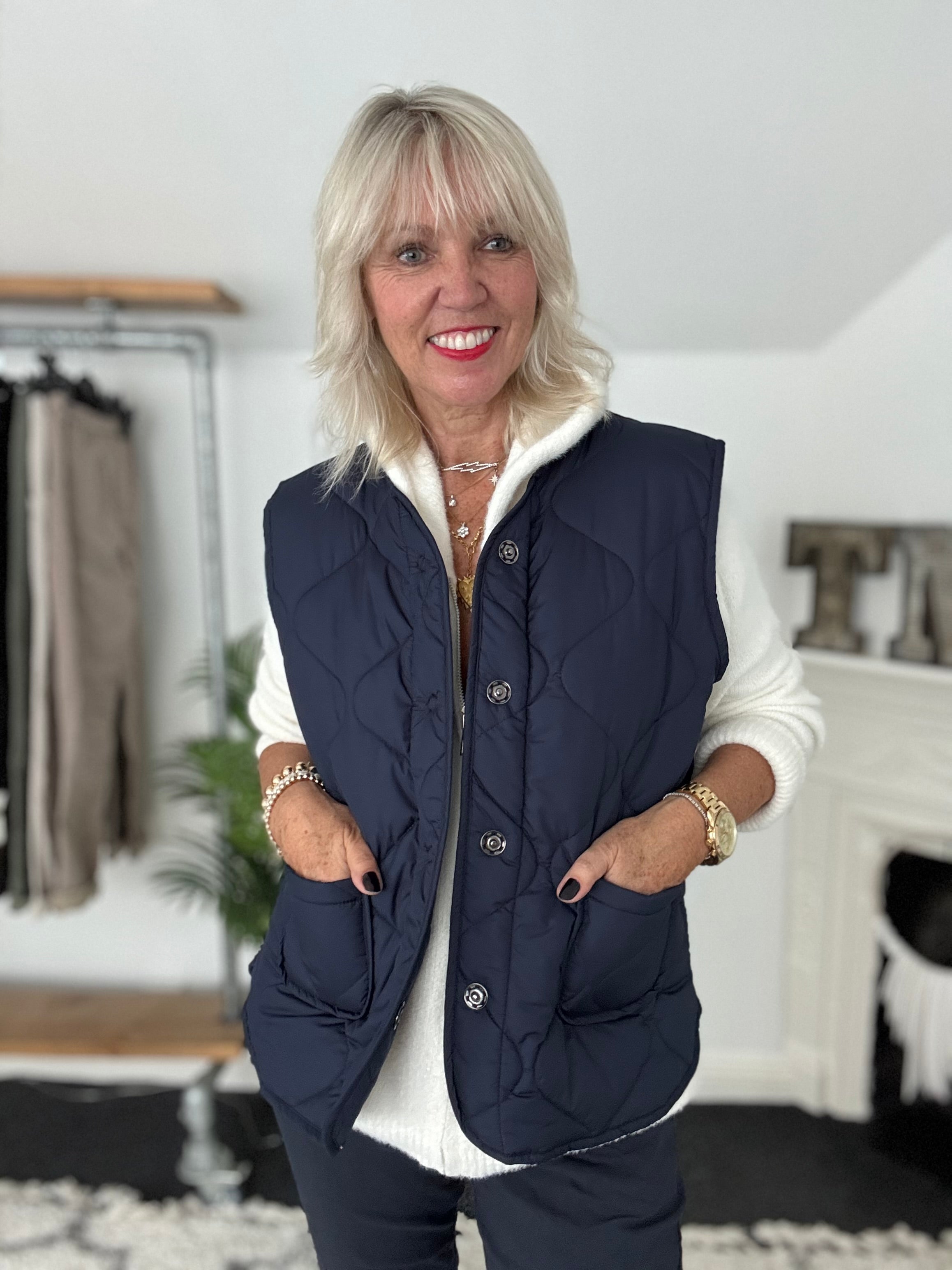 Reversible Quilted Gilet in Navy & Leopard
