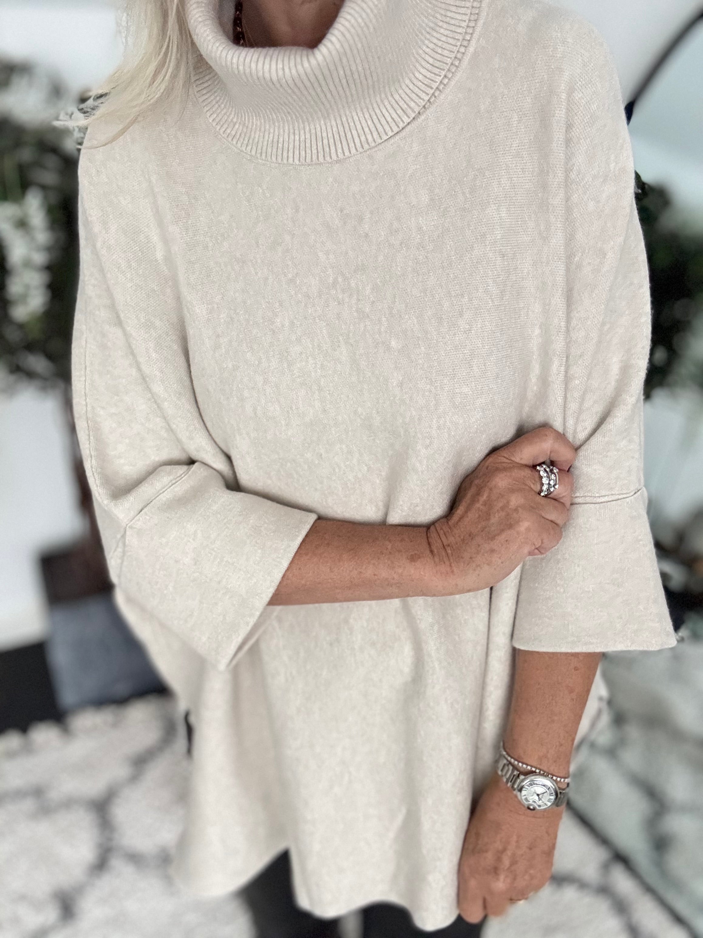 Oversized Roll Neck Poncho Jumper in Ecru