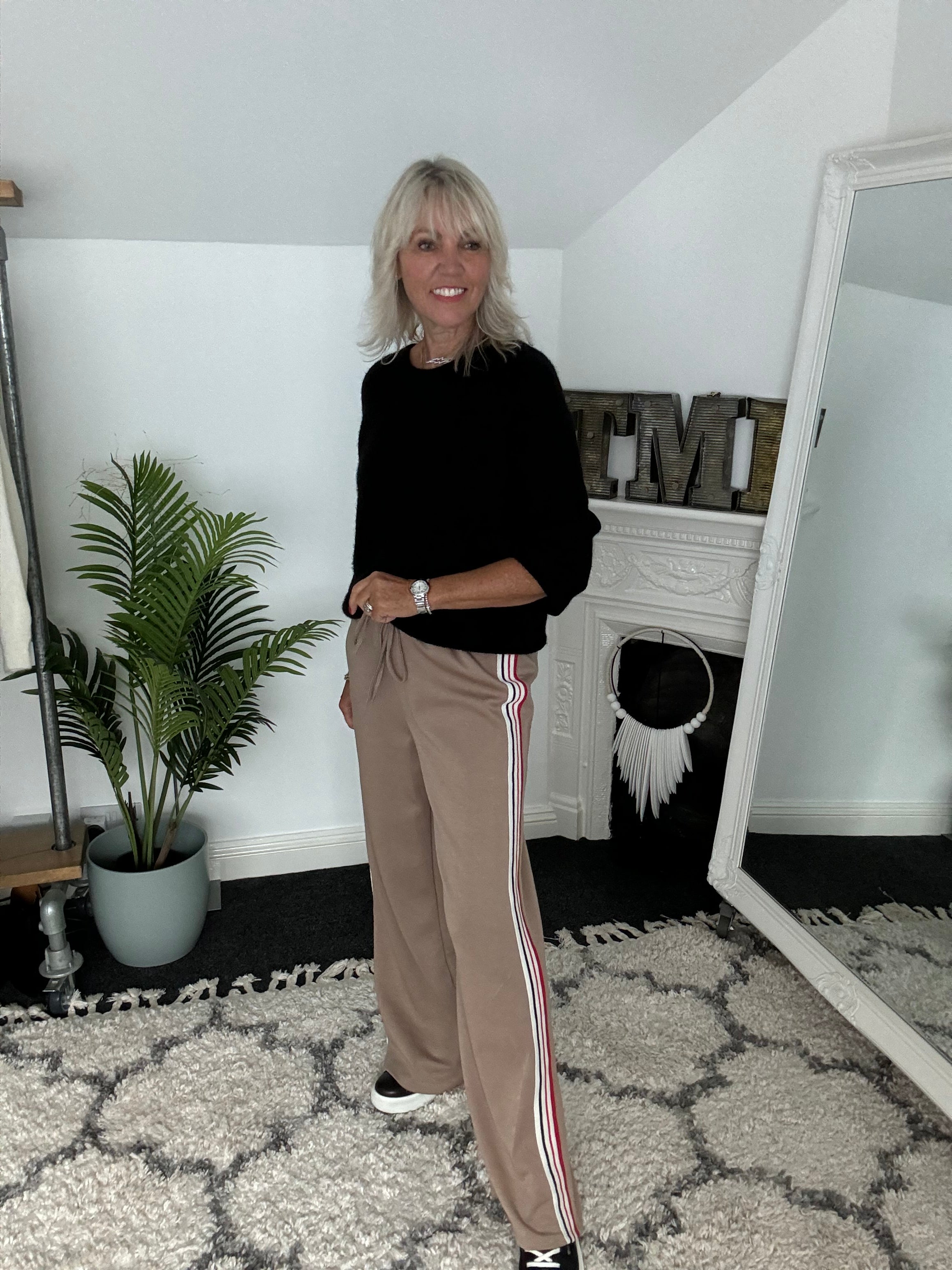 Wide Leg Jersey Trousers with Side Stripes in Mocha