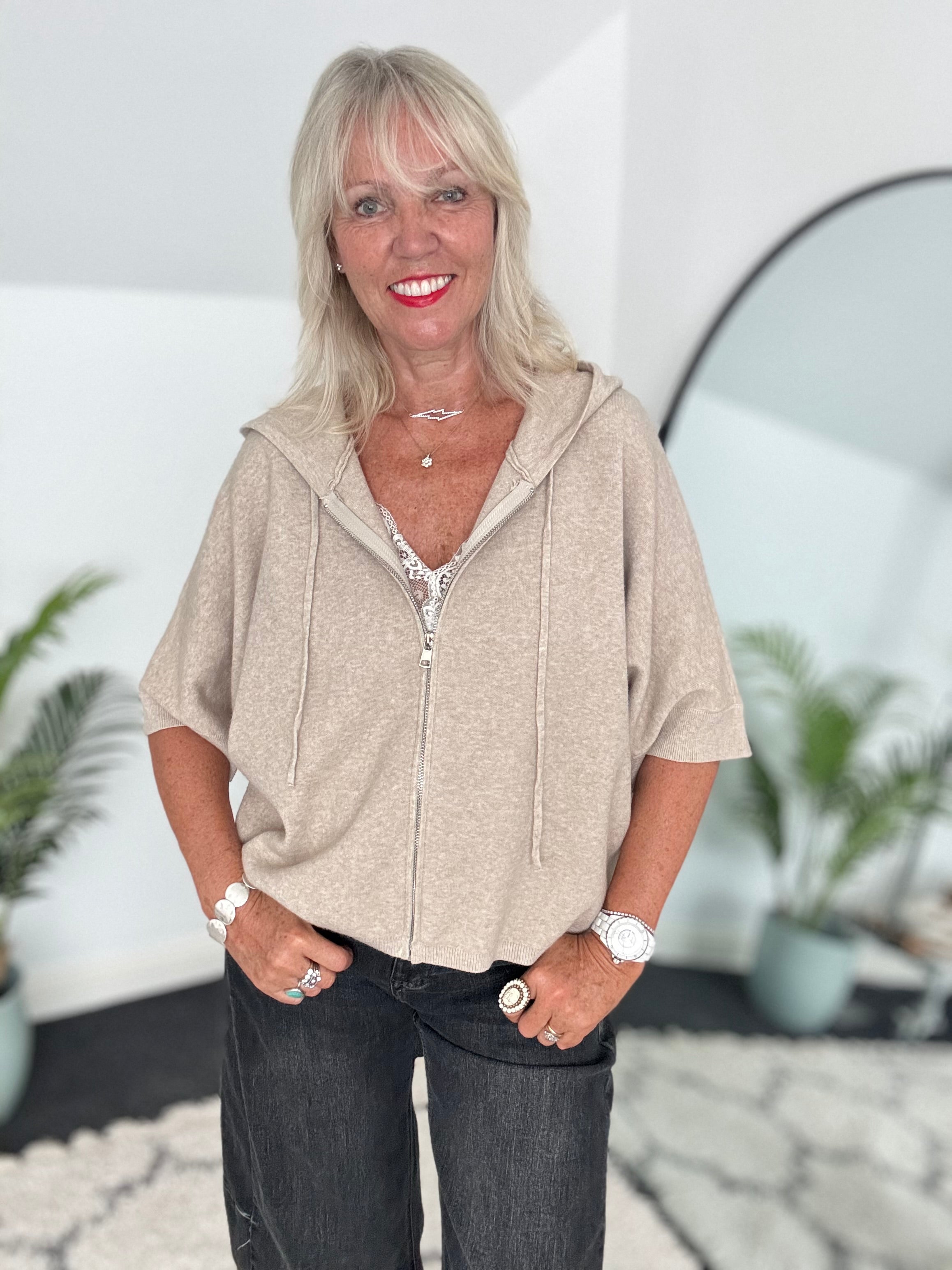 Soft Hooded Zipped Knit in Stone