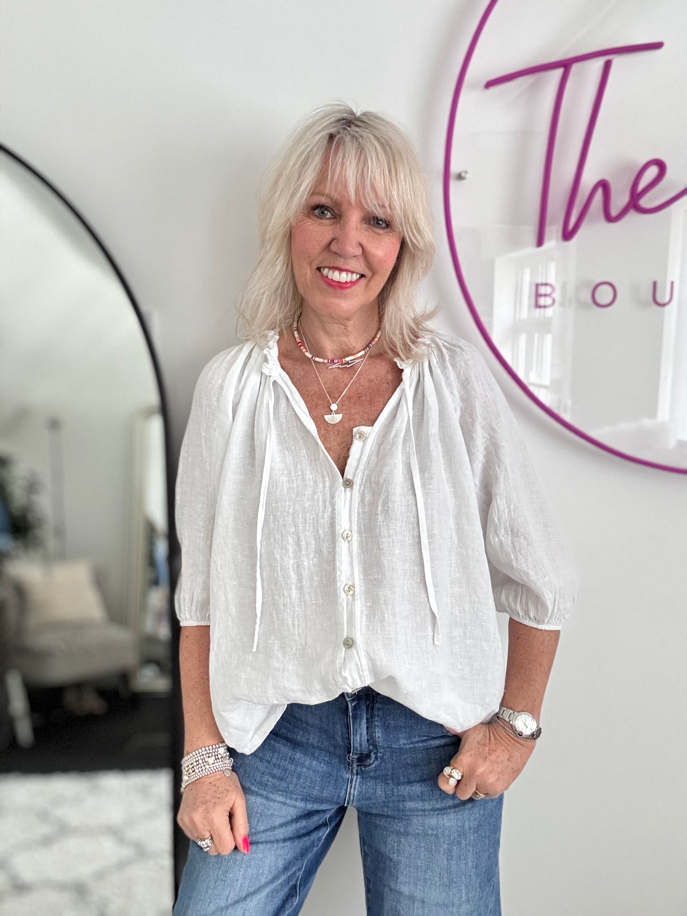 Pure Linen Designer Blouse in White