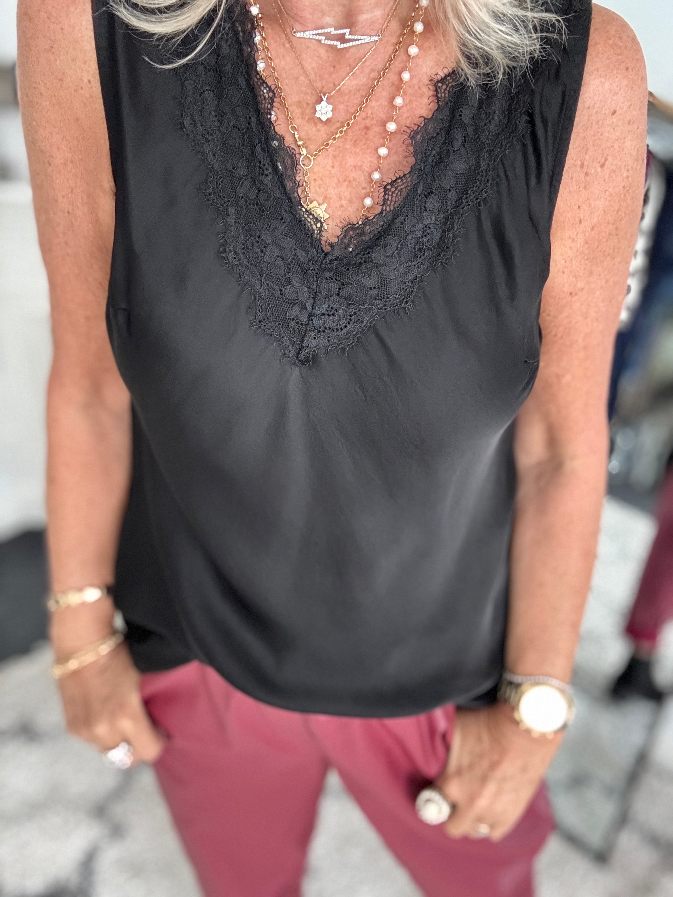 Lace Trim Silk Top in Black