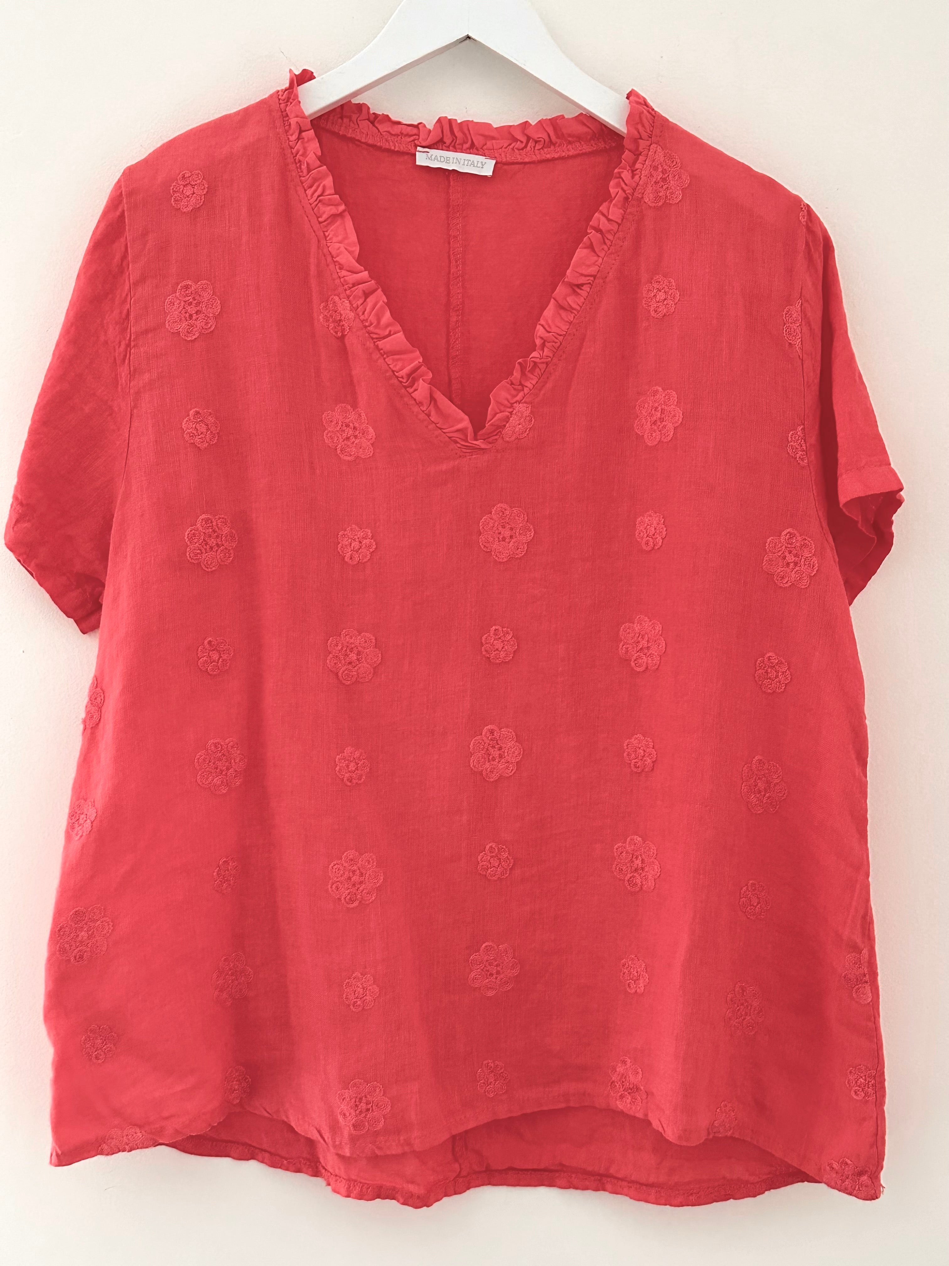 Linen Top with Embroidered Flowers in Coral