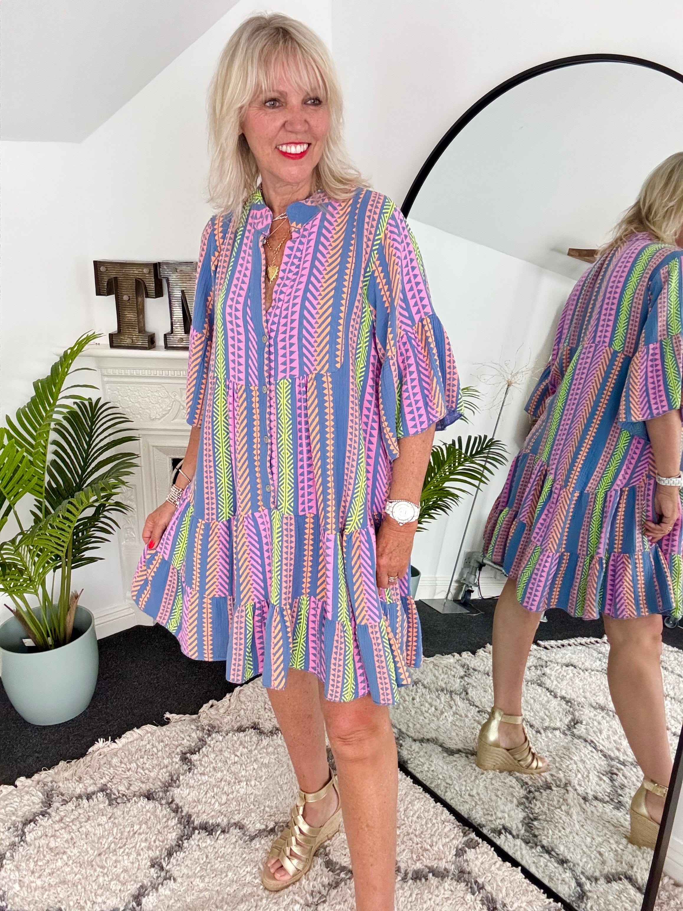 Cheesecloth Dress in Blue & Lilac Aztec