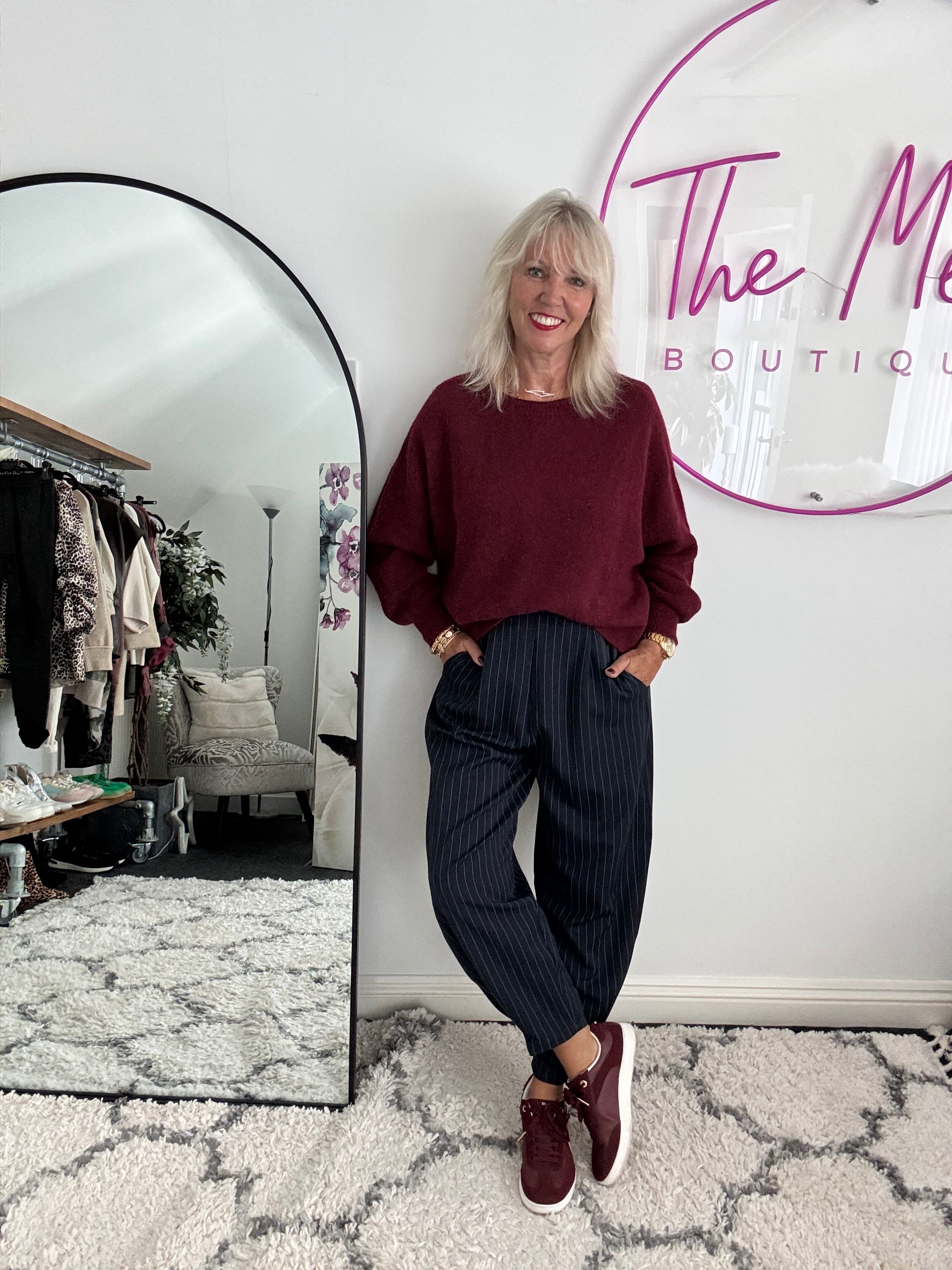 Pinstripe Barrel Leg Trousers in Navy