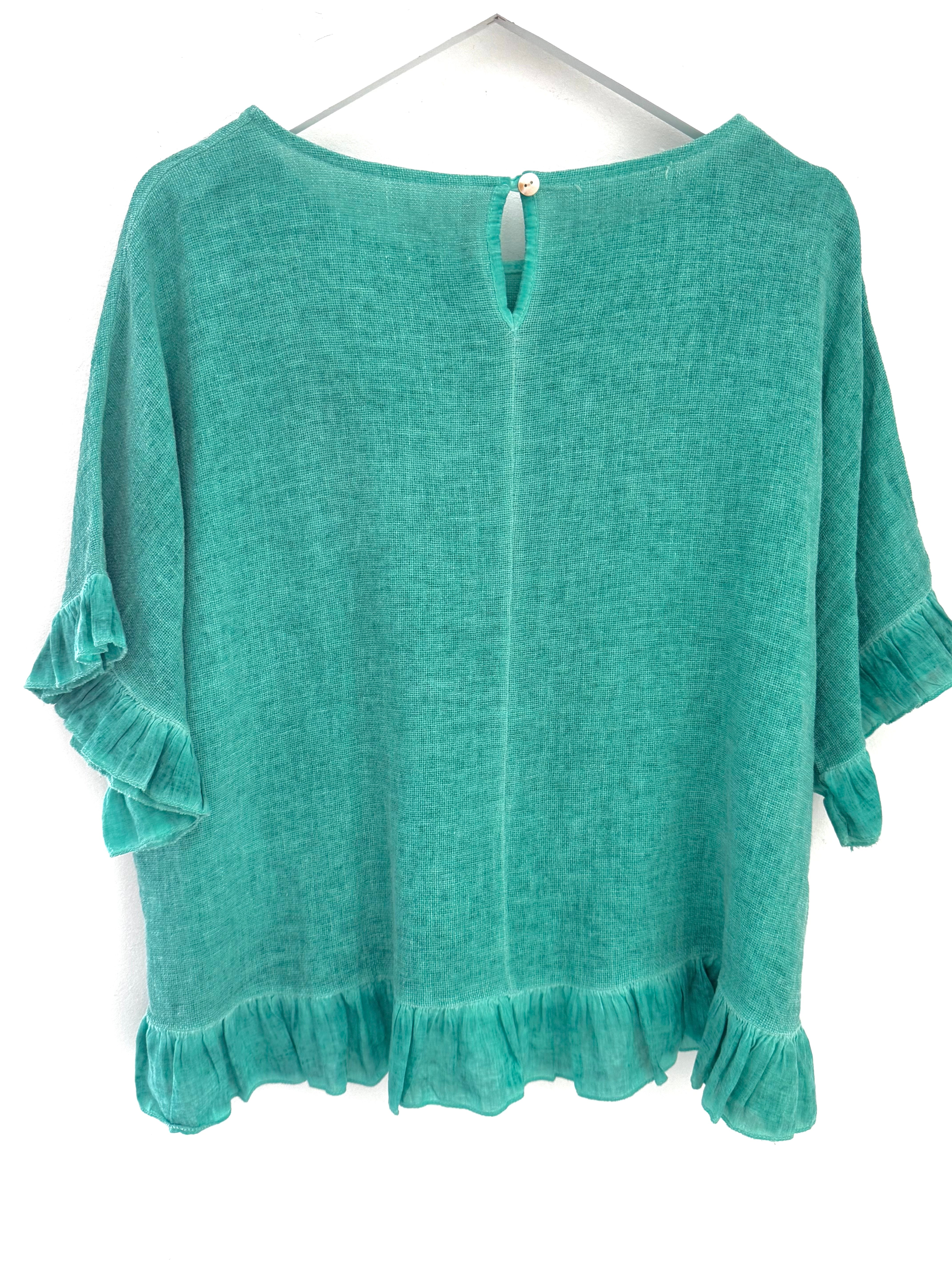 Linen & Cotton Ruffle Edge Top in Ocean Green