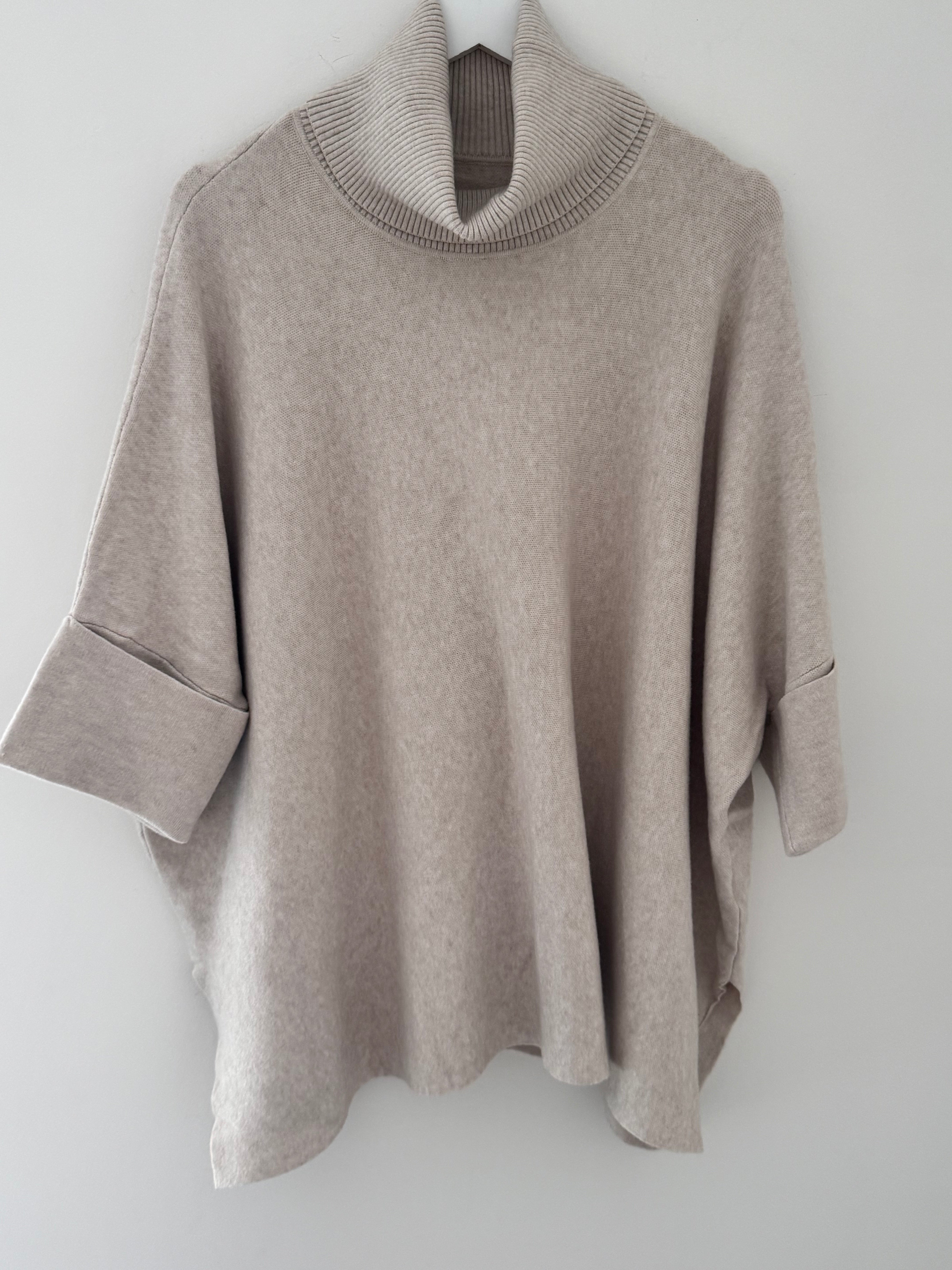 Oversized Roll Neck Poncho Jumper in Ecru