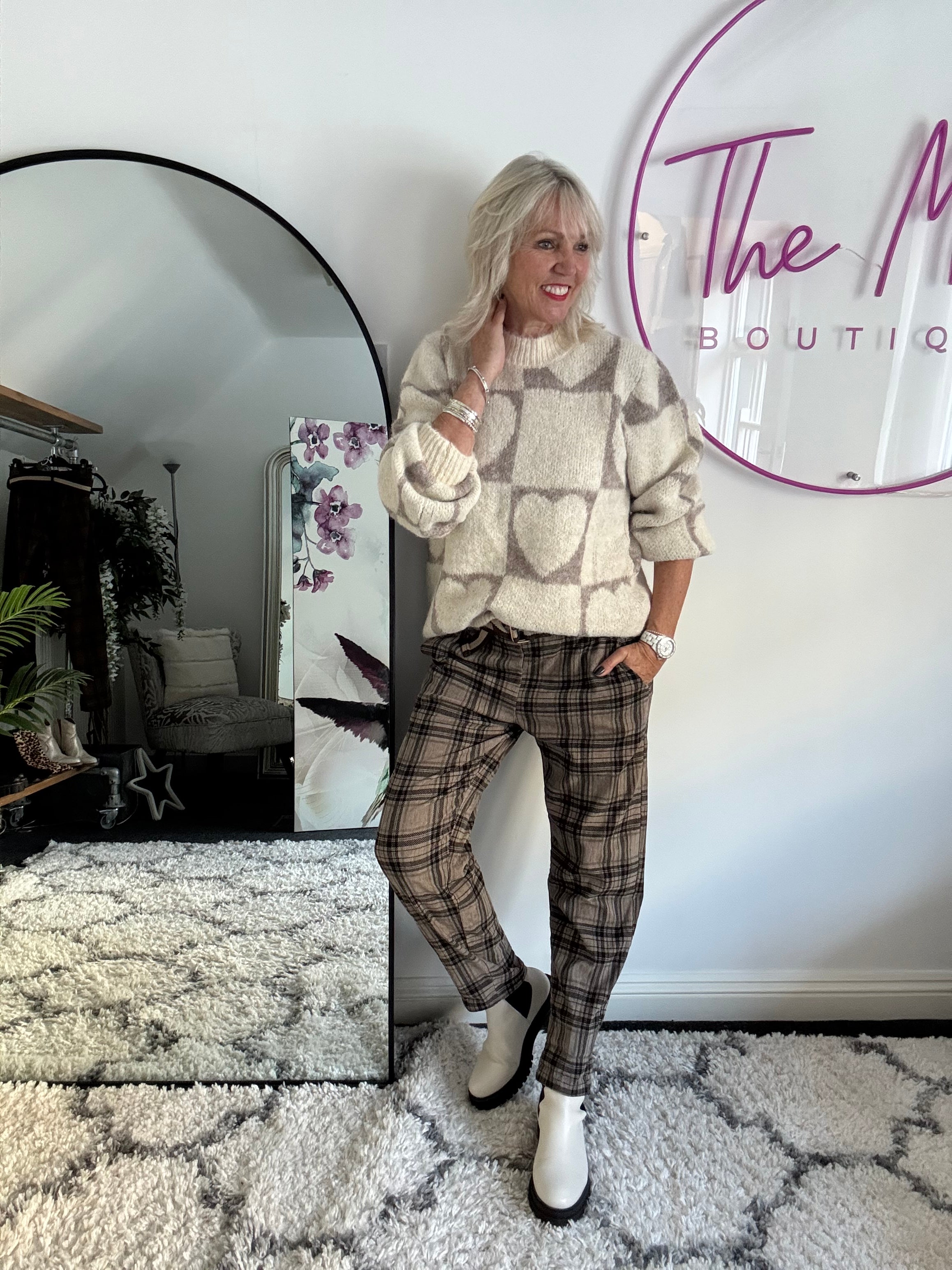 Heart & Squares Sweater in Ecru & Mocha