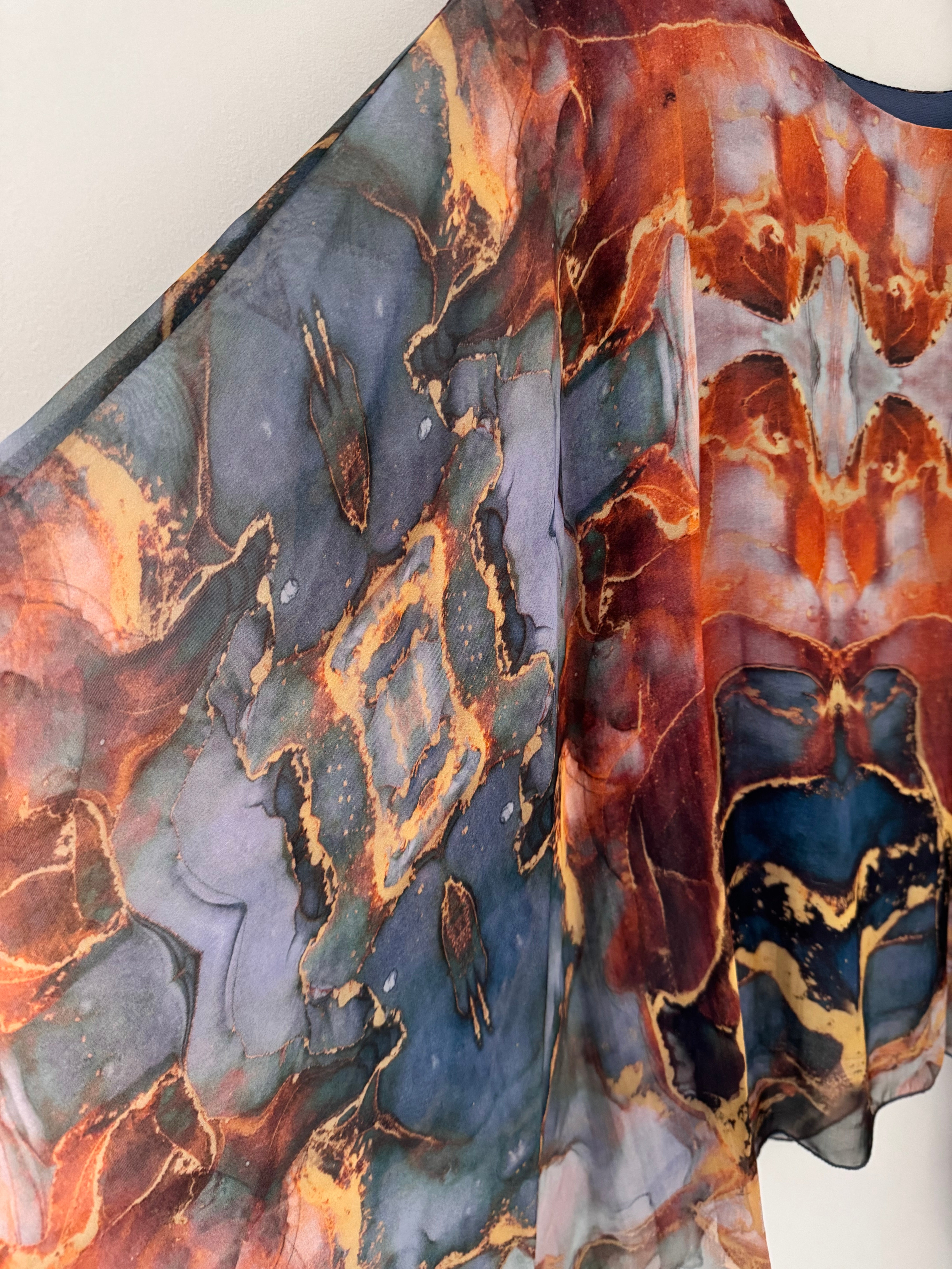 Silk Blouse in Dark Blue & Rust Marble