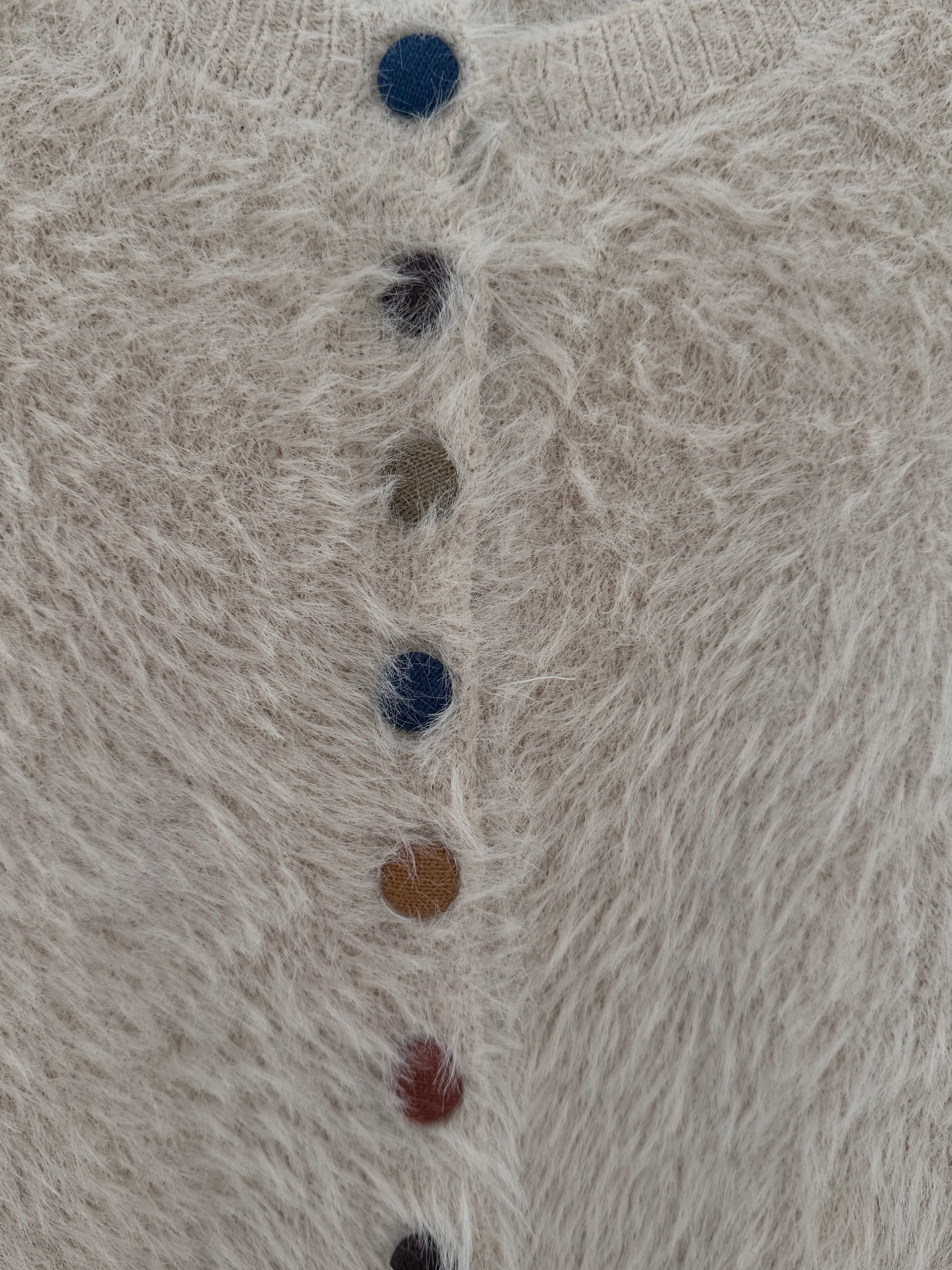 Fluffy Cardi with Multicolour Buttons in Ecru