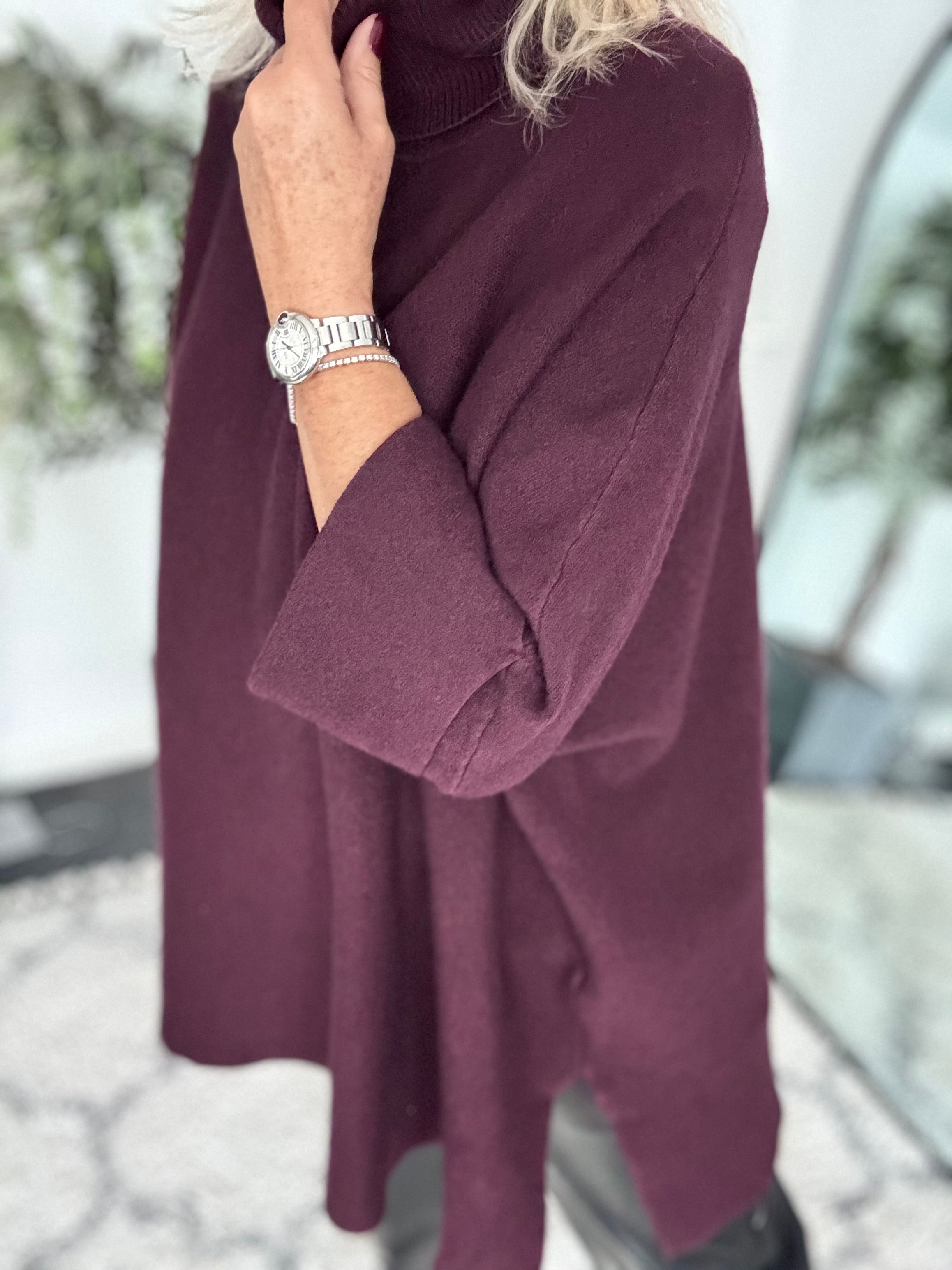 Oversized Roll Neck Poncho Jumper in Plum