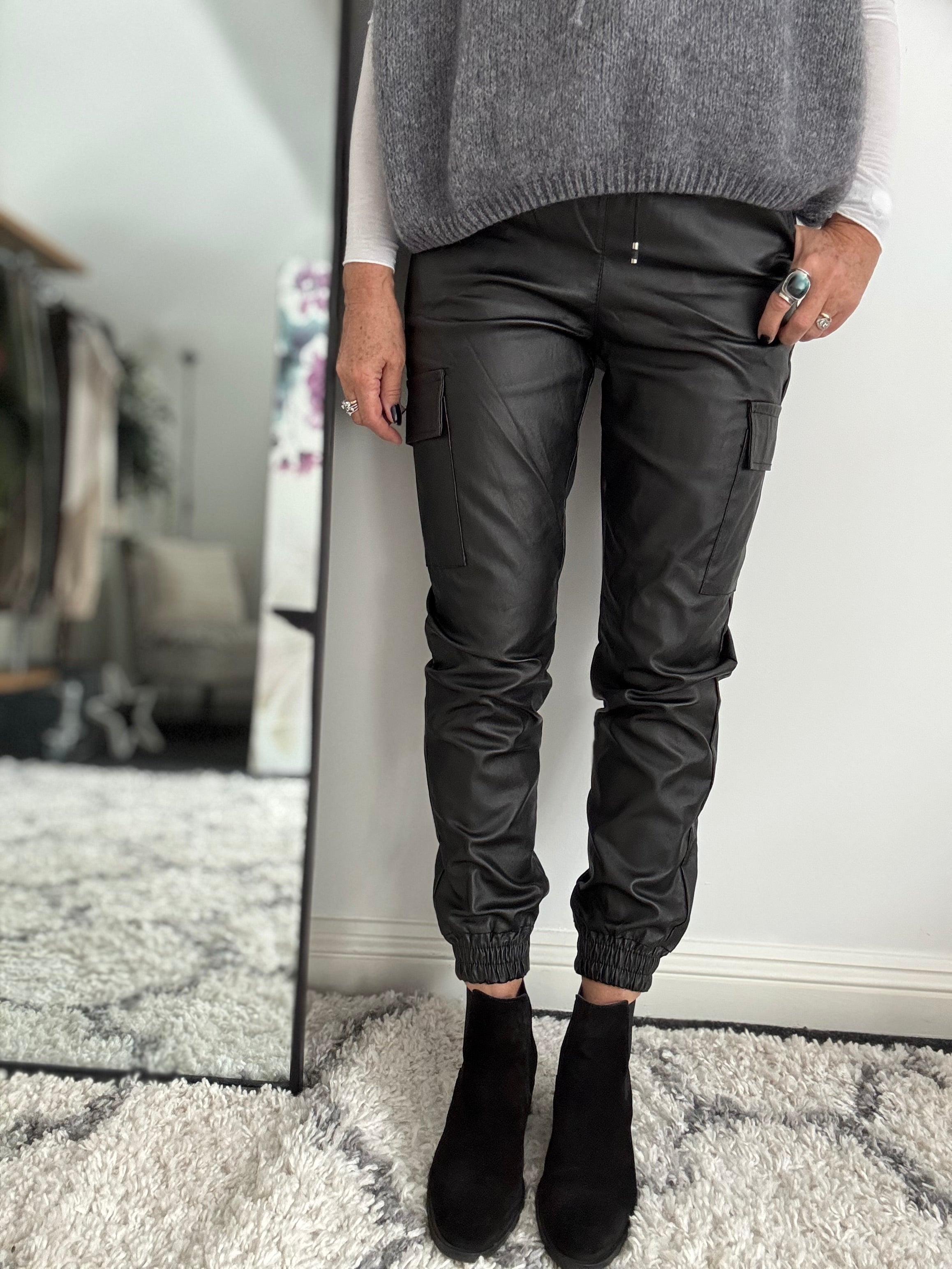 Leather Look Cargo Joggers in Black