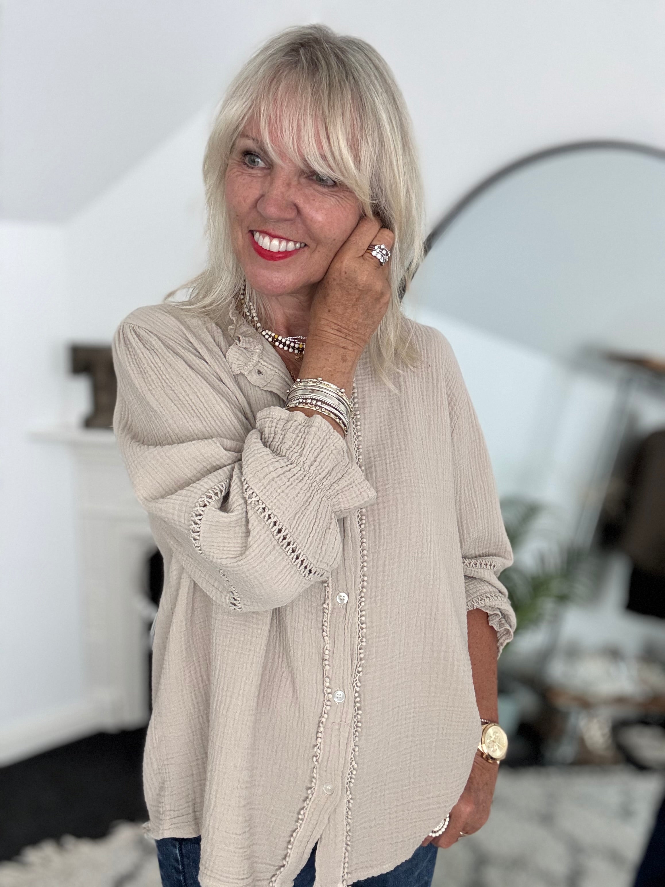 Detailed Cheesecloth Shirt in Stone