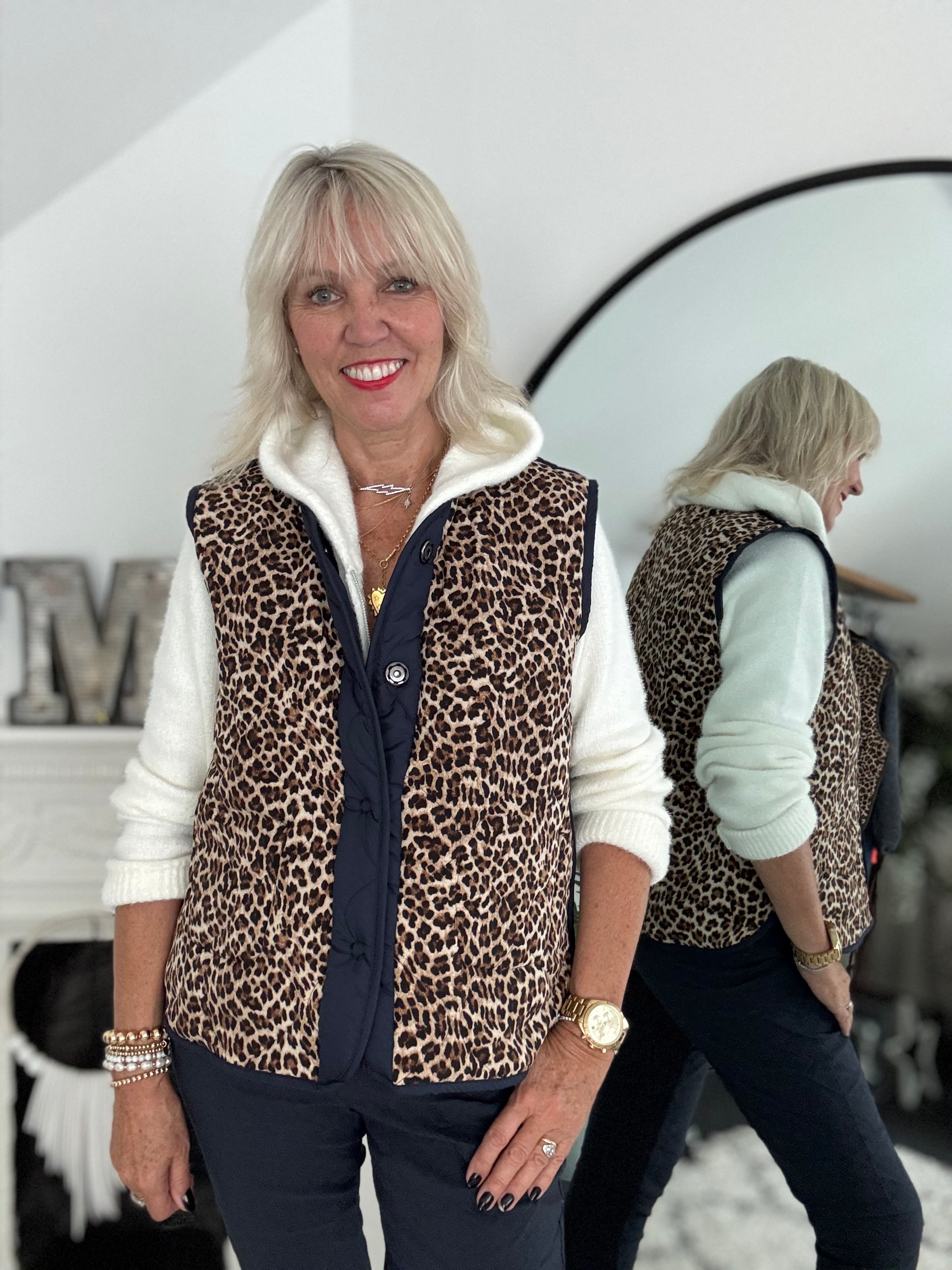 Reversible Quilted Gilet in Khaki & Leopard