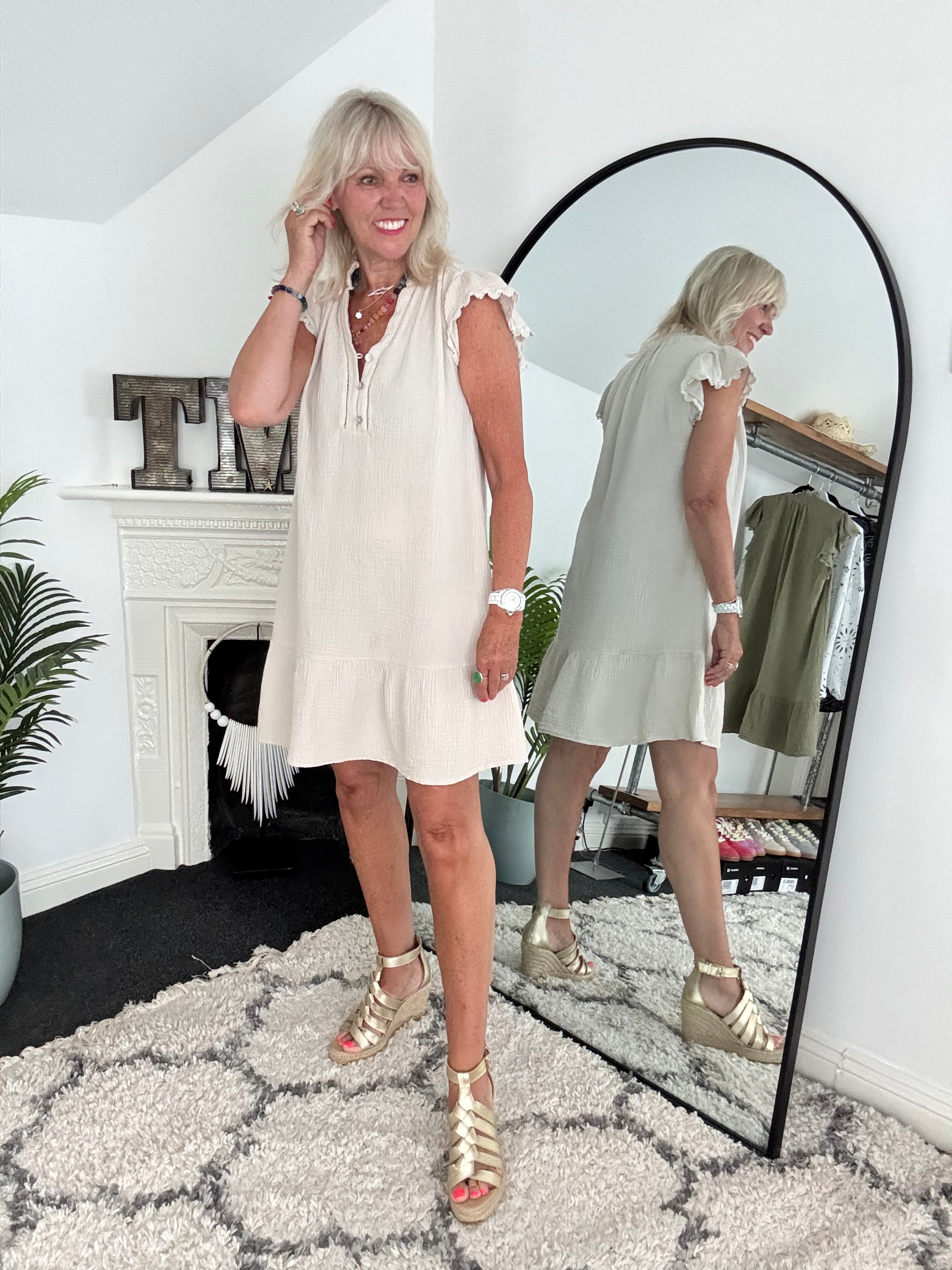 Cheesecloth Dress with Lace Edge Sleeves in Stone