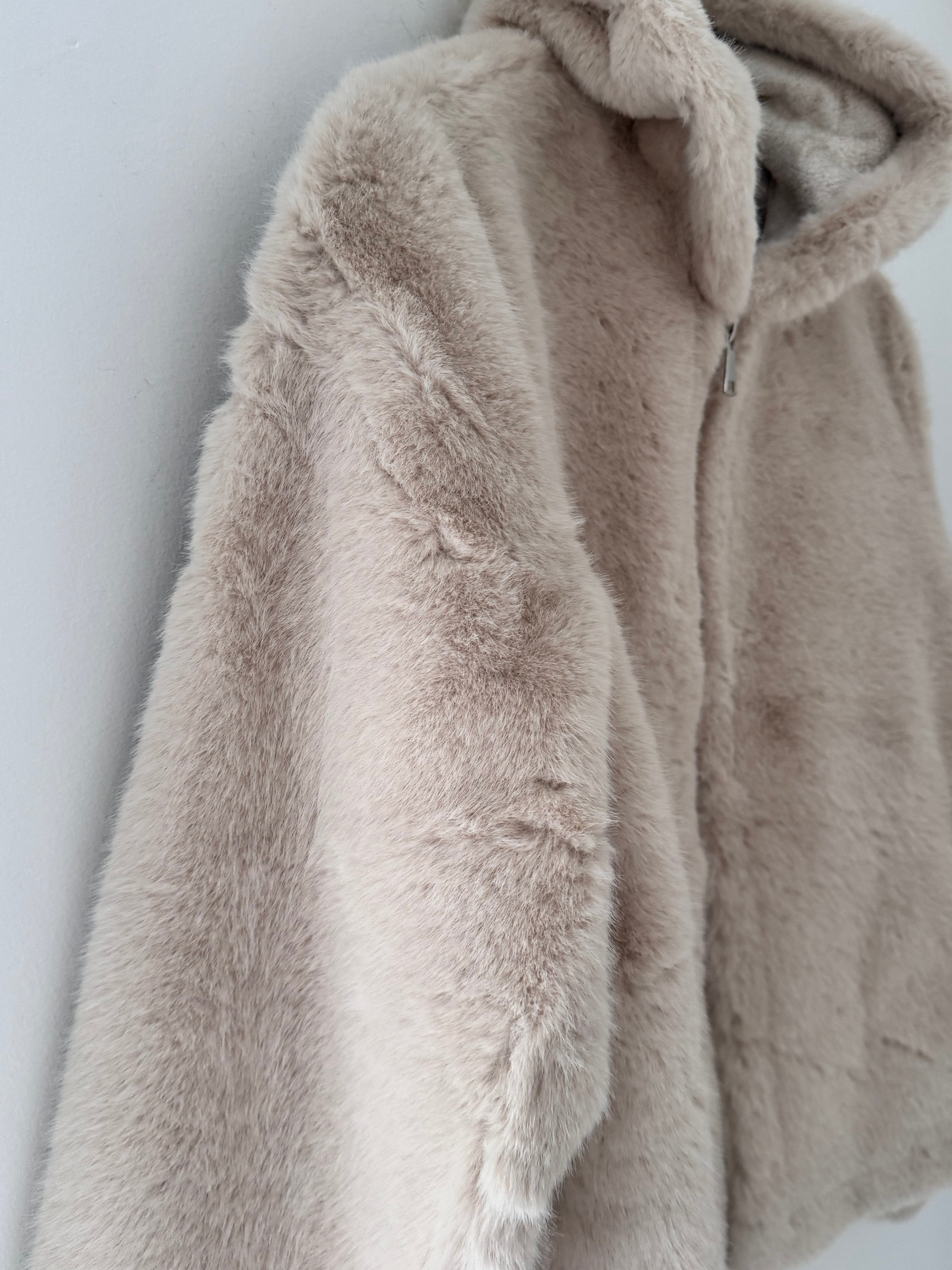 Hooded Fur Jacket in Ecru