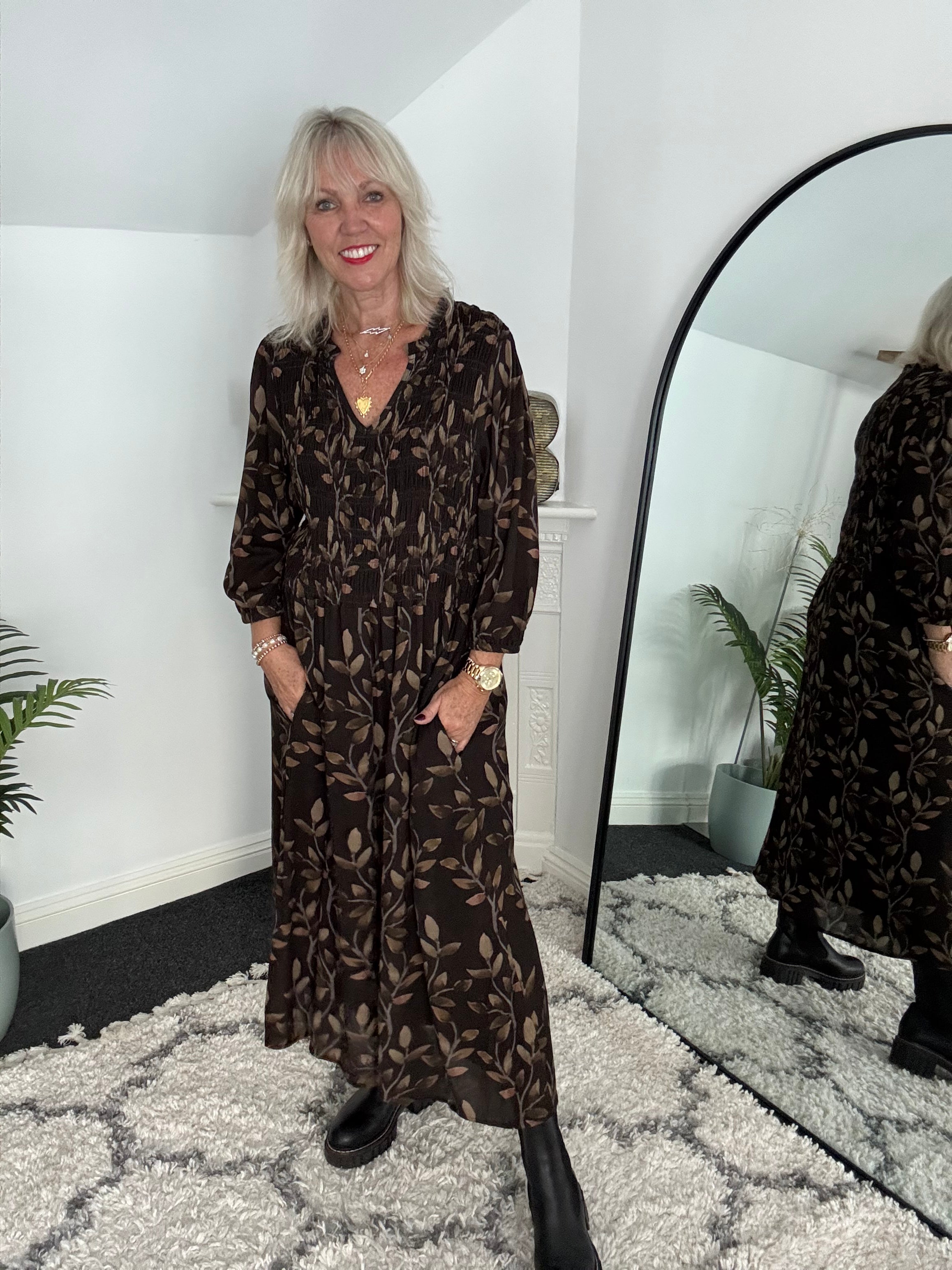 Leaf Print Dress with Shirred Bodice in Chocolate